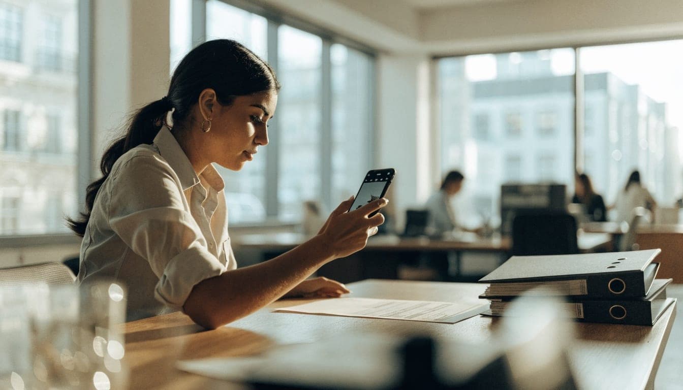 Office worker reviewing a document on her phone next to a stack of binders