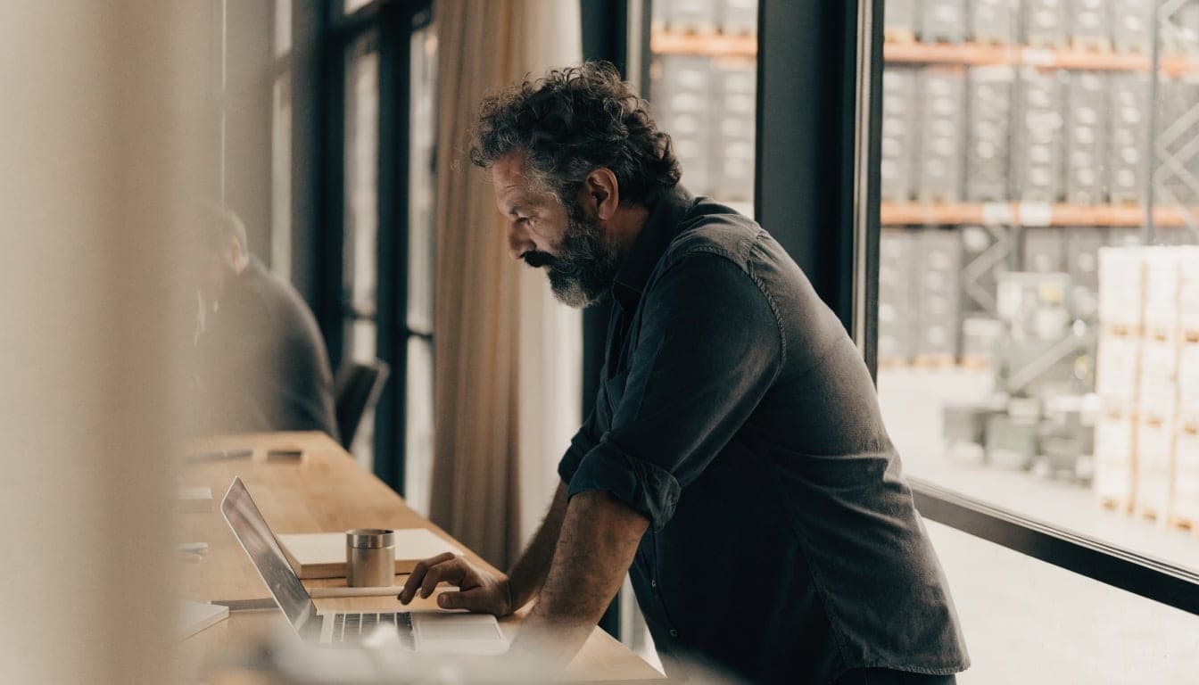 Wholesale employee working at a laptop with the warehouse in the background
