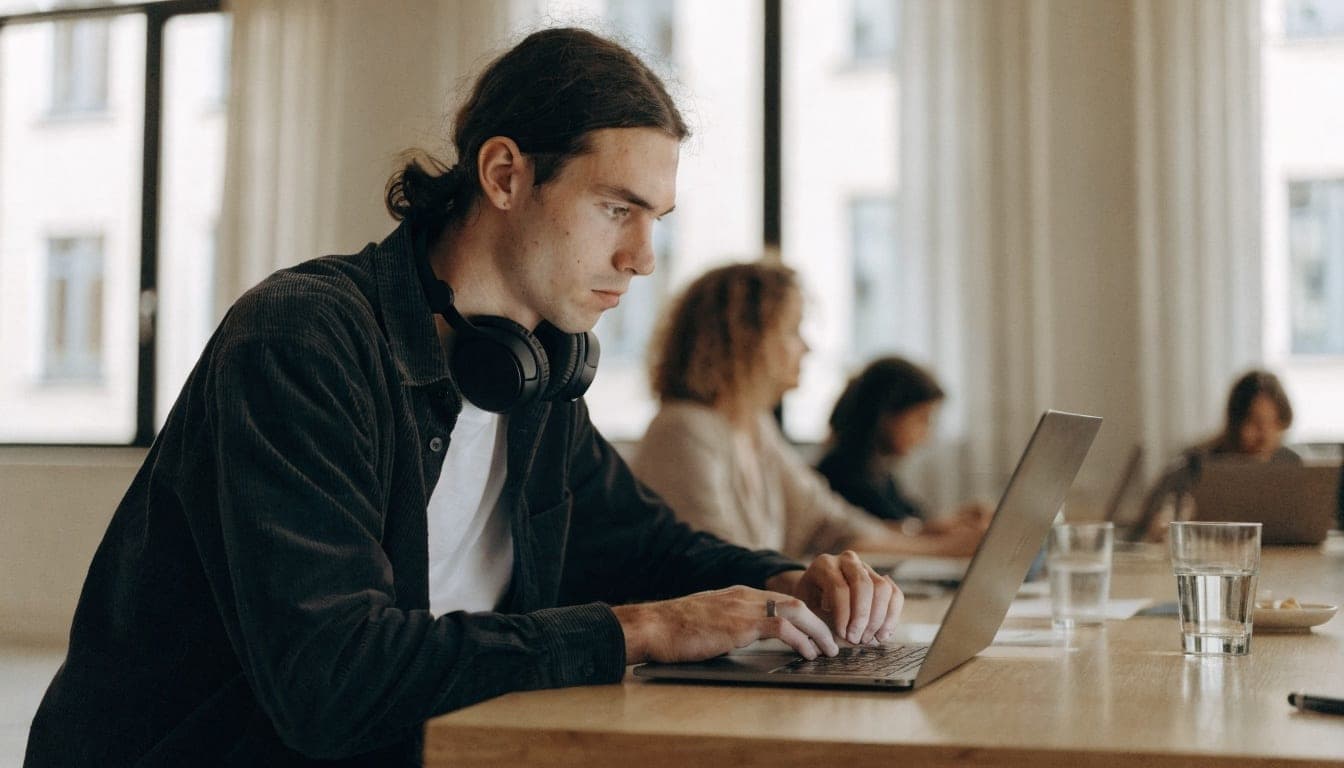 Employee concentrating on a laptop in a shared office space