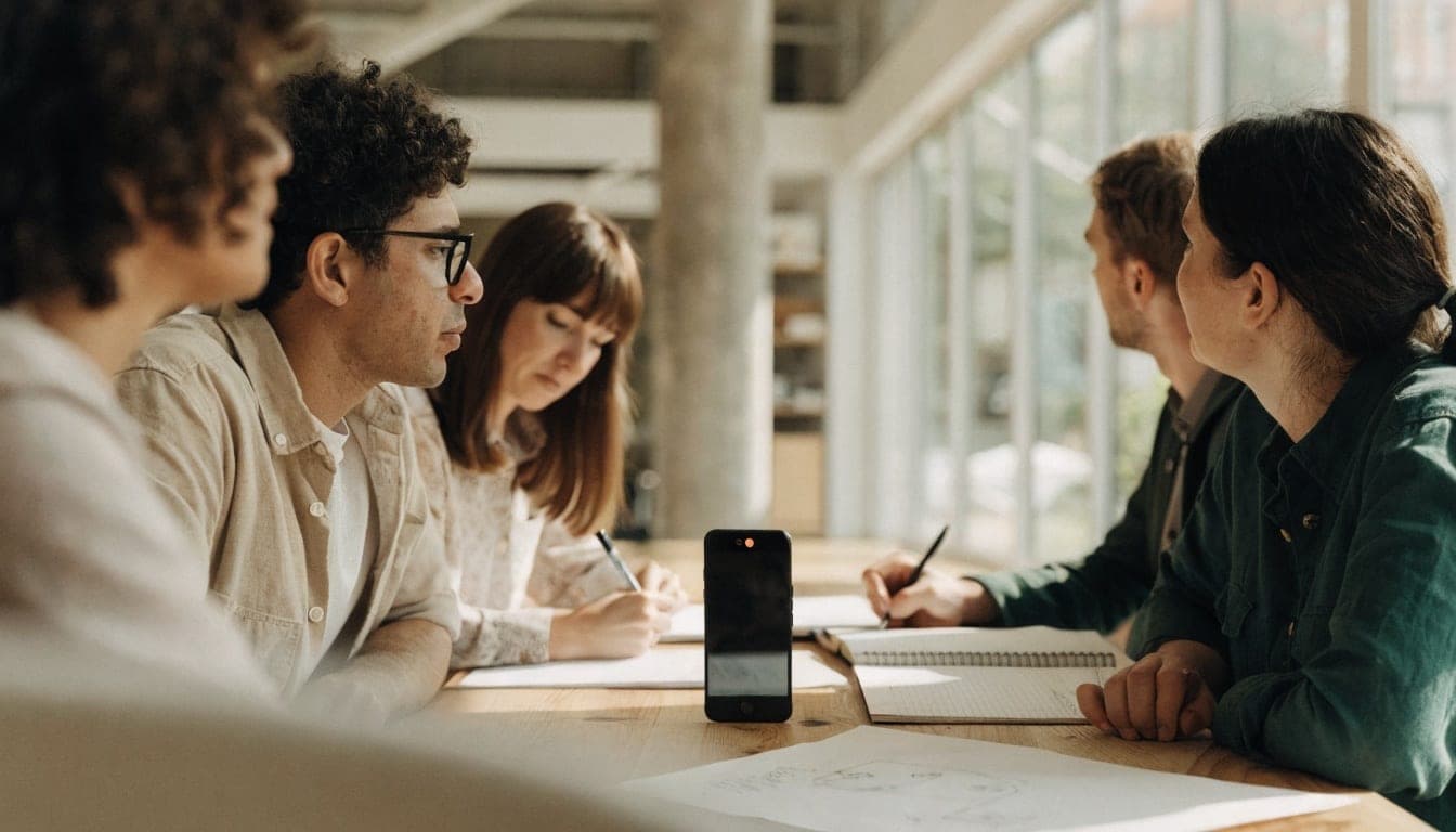 Meeting at a long table with a phone in the middle recording the conversation
