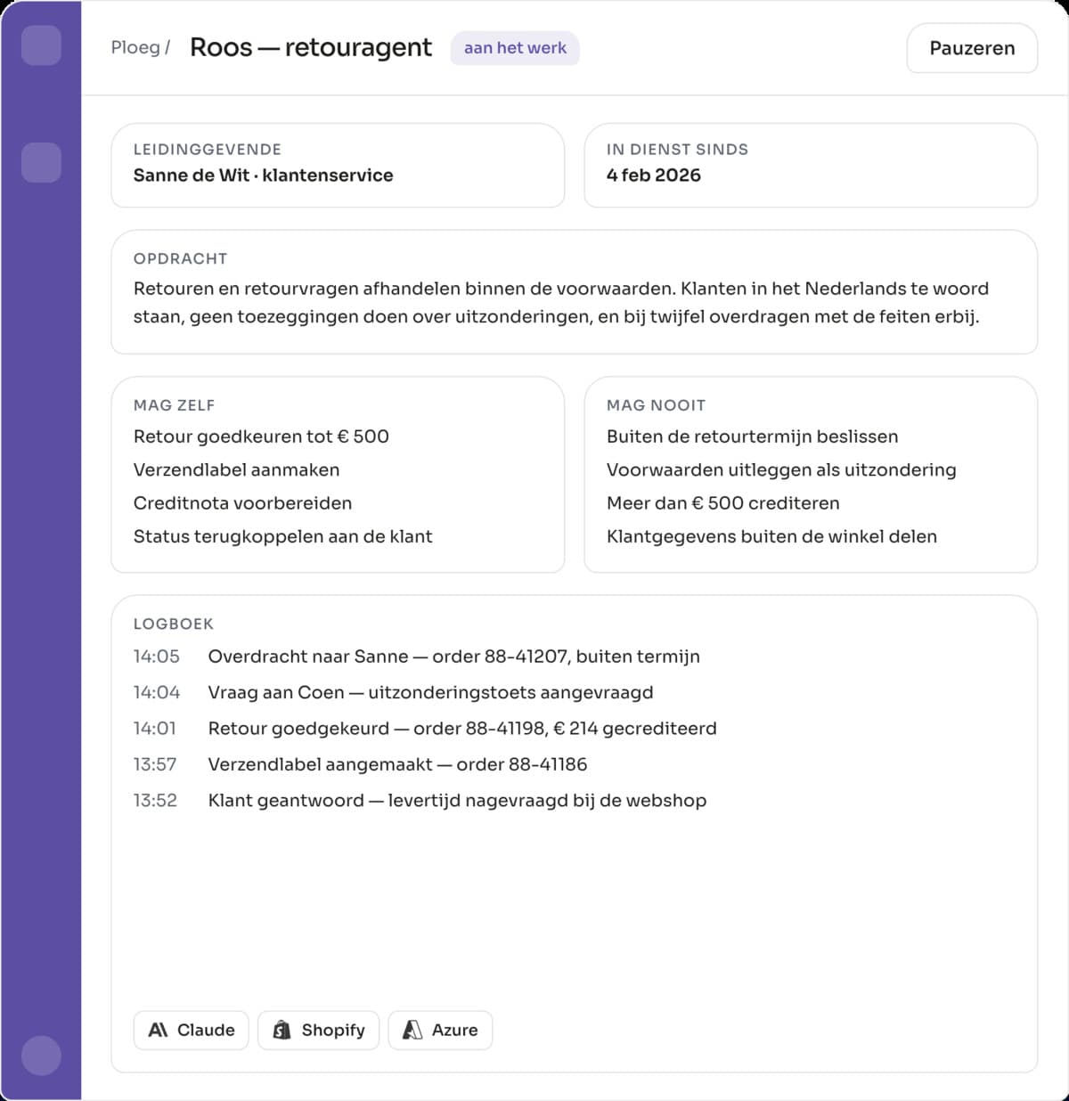 Detail screen of one digital colleague, with its task, permissions and log