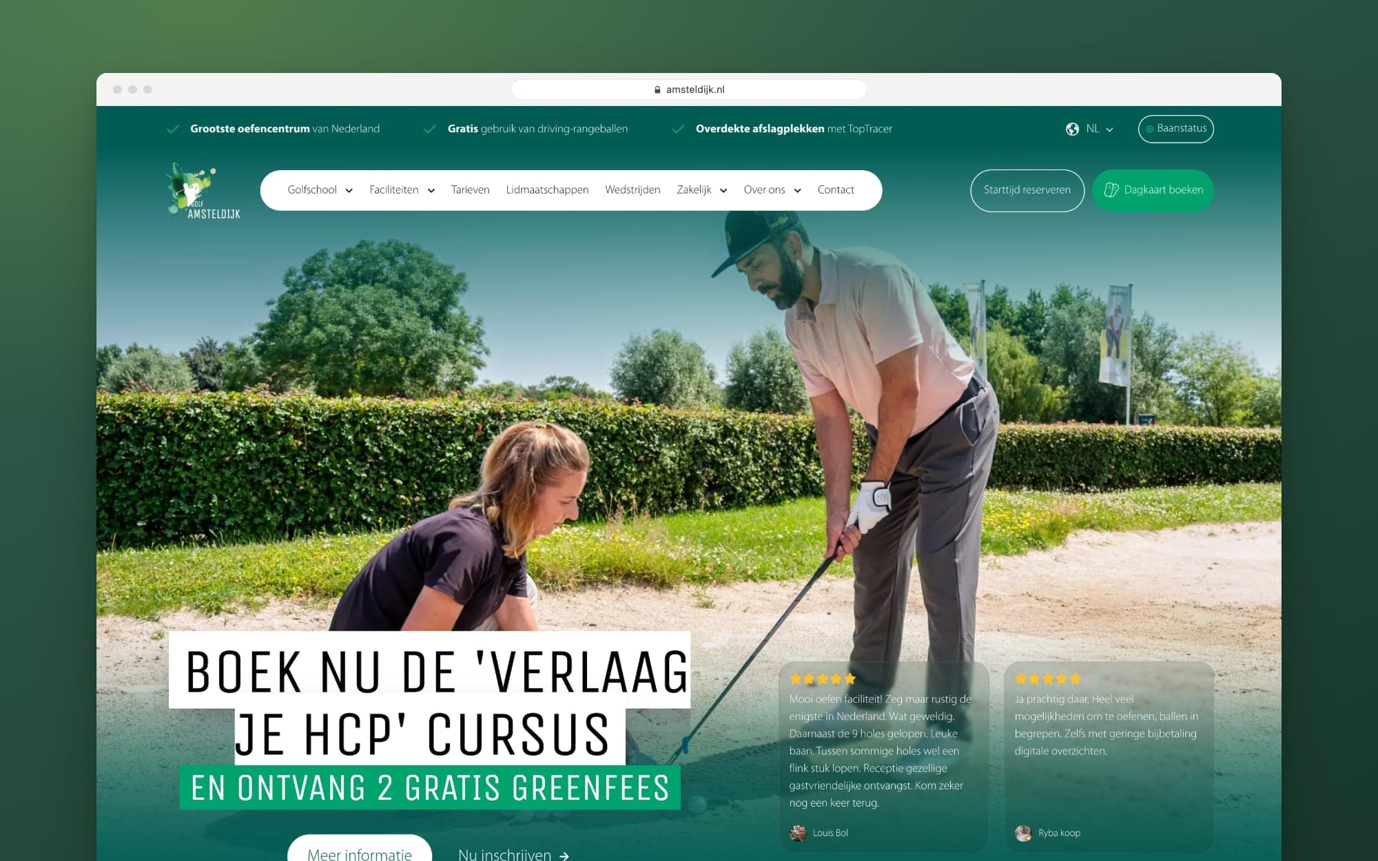 The amsteldijk.nl homepage with the Book a day pass button at the top right