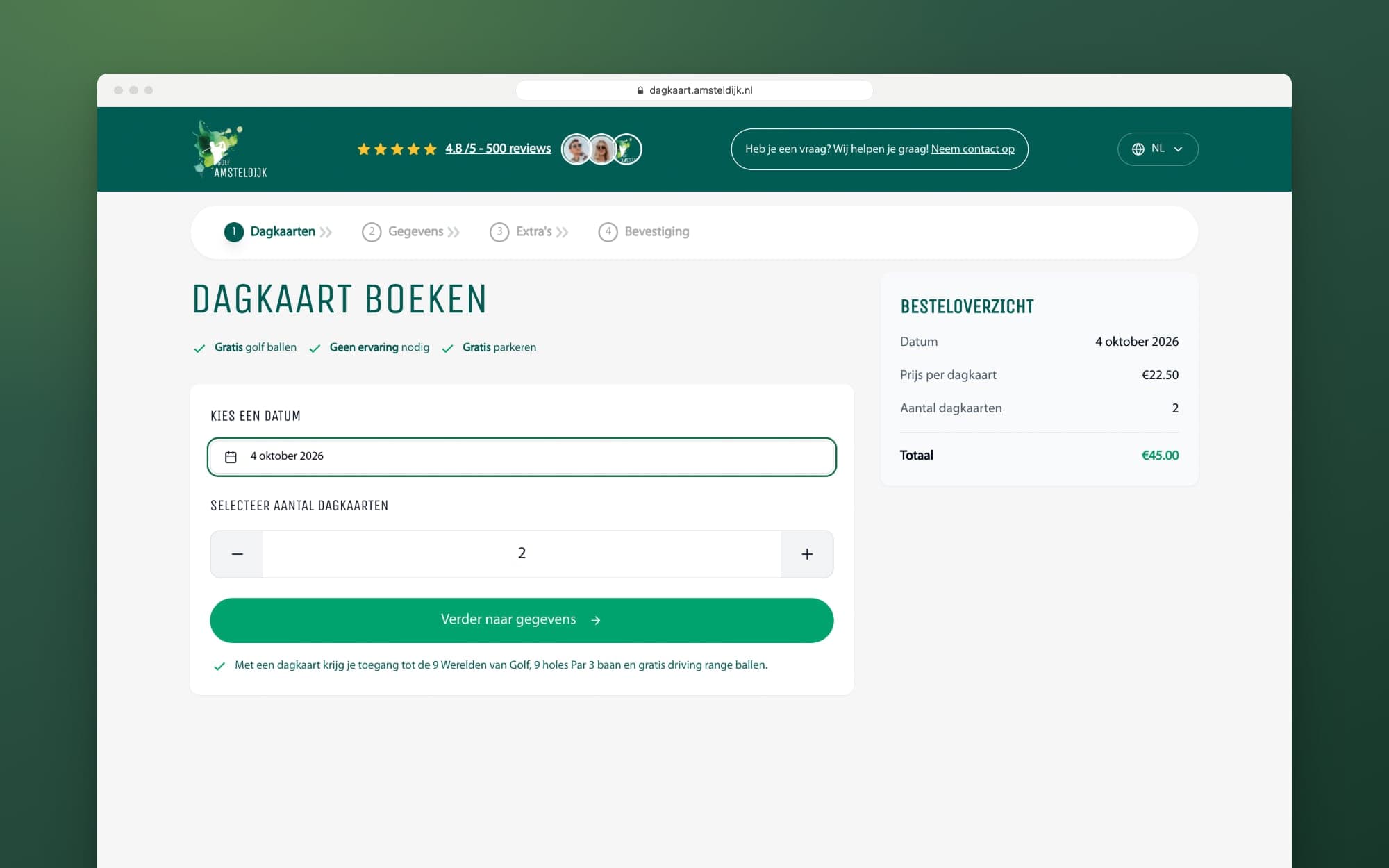 Step 1 of the booking app: a date and two day passes selected, with the order summary alongside
