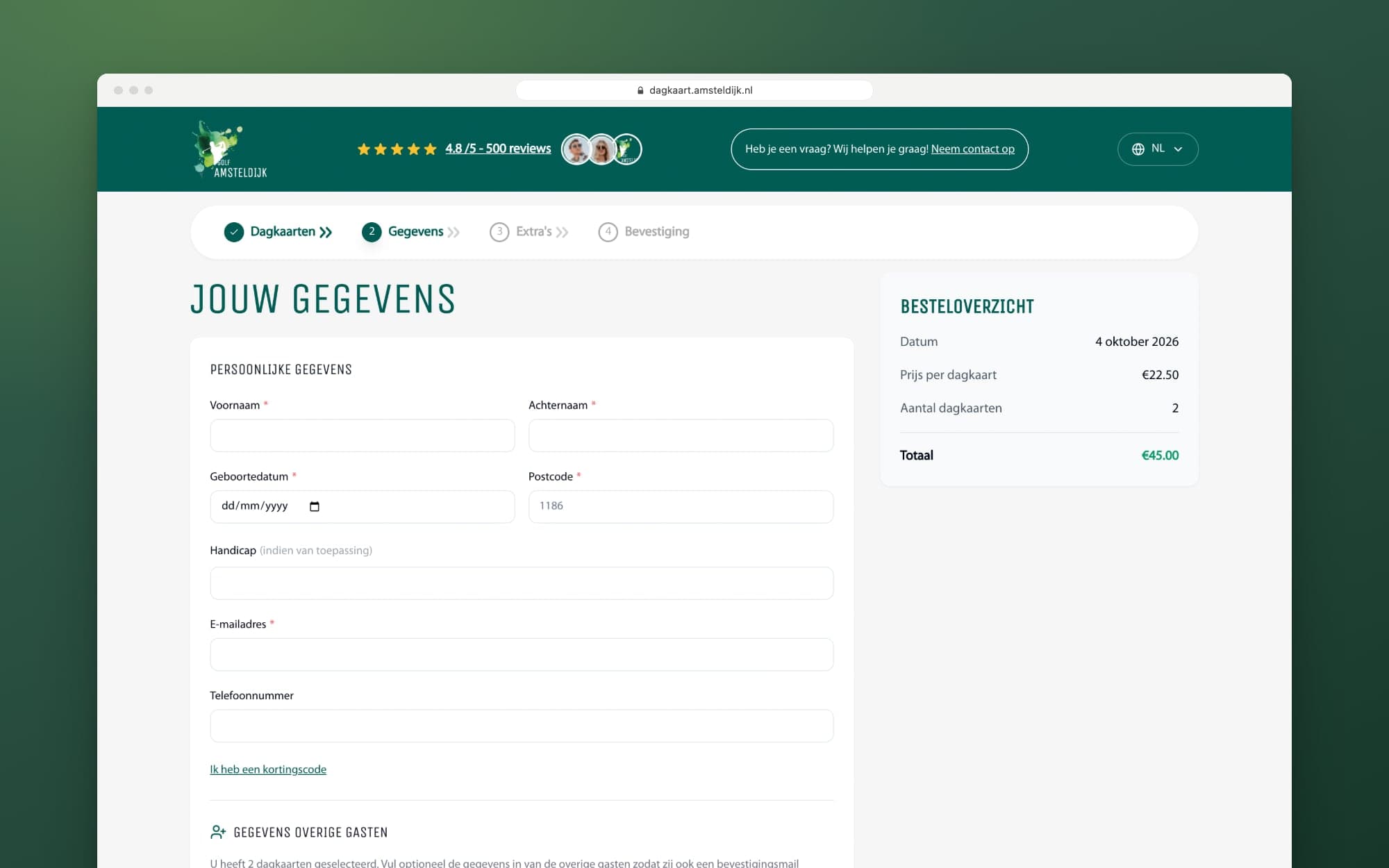 Step 2 of the booking app: the booker's details and a section for fellow players