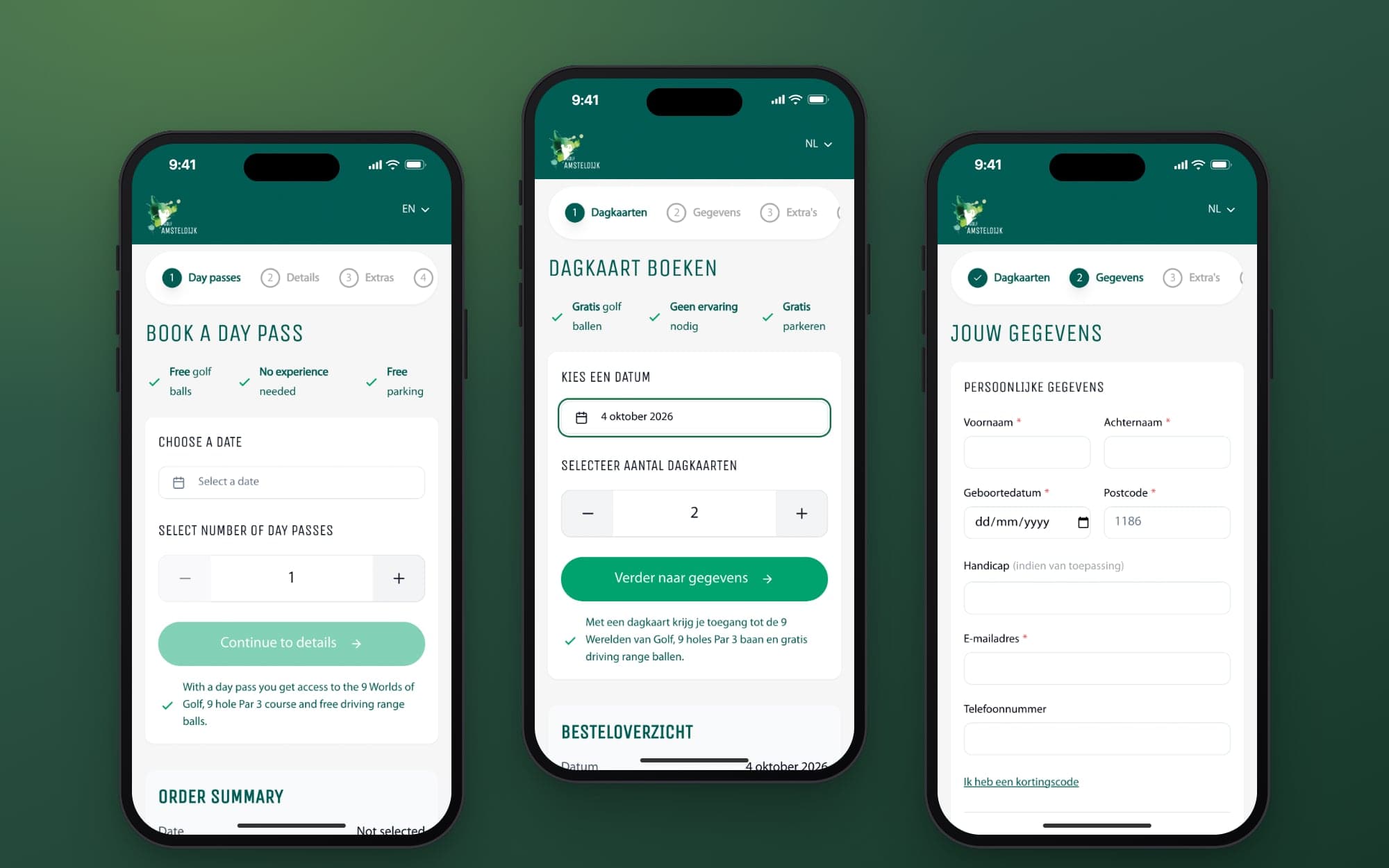 The booking app on a phone: the English version, step 1 and step 2