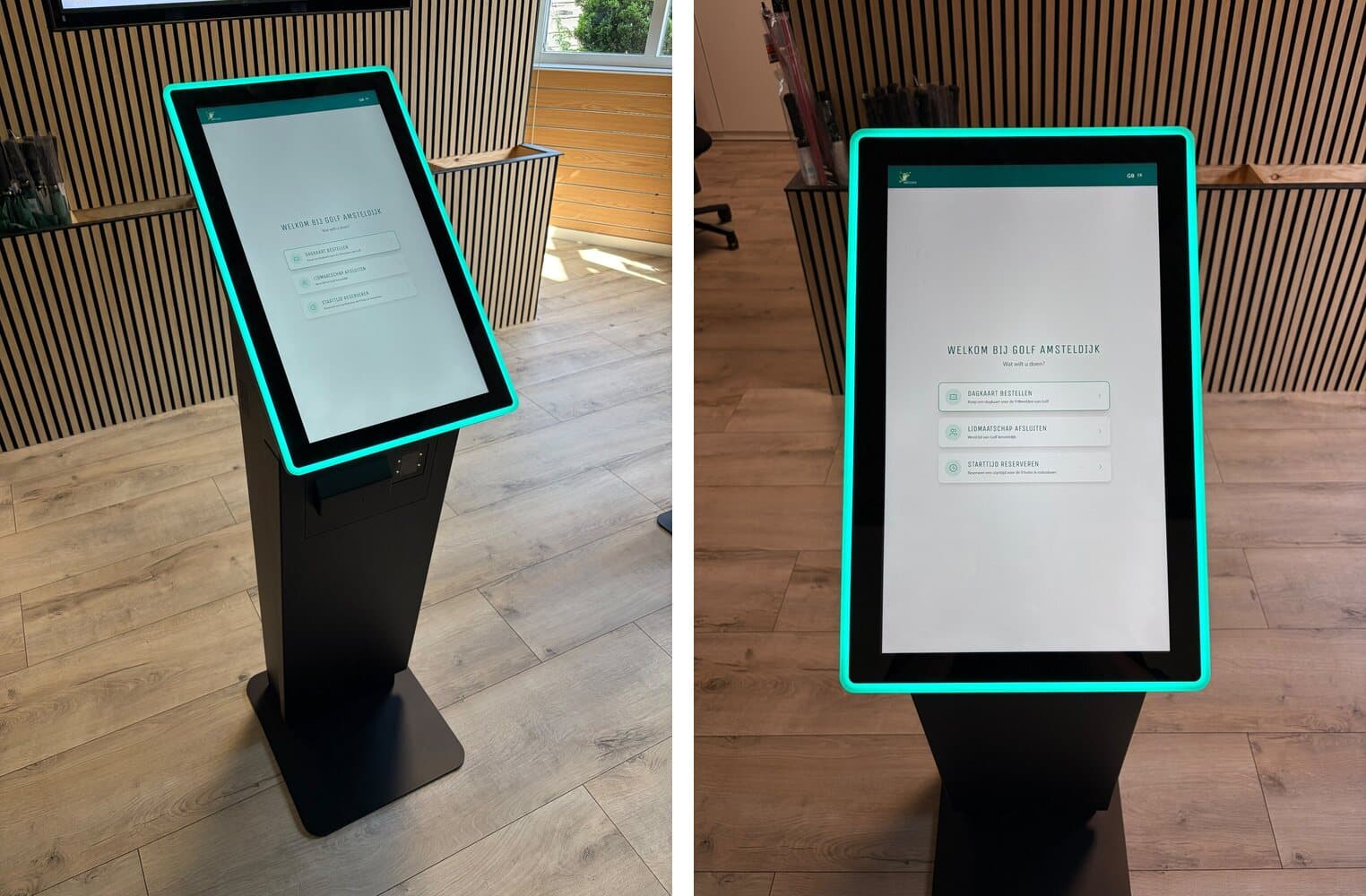 The service kiosk in the Golf Amsteldijk clubhouse, with the choice between a day pass, a membership and a tee time on screen