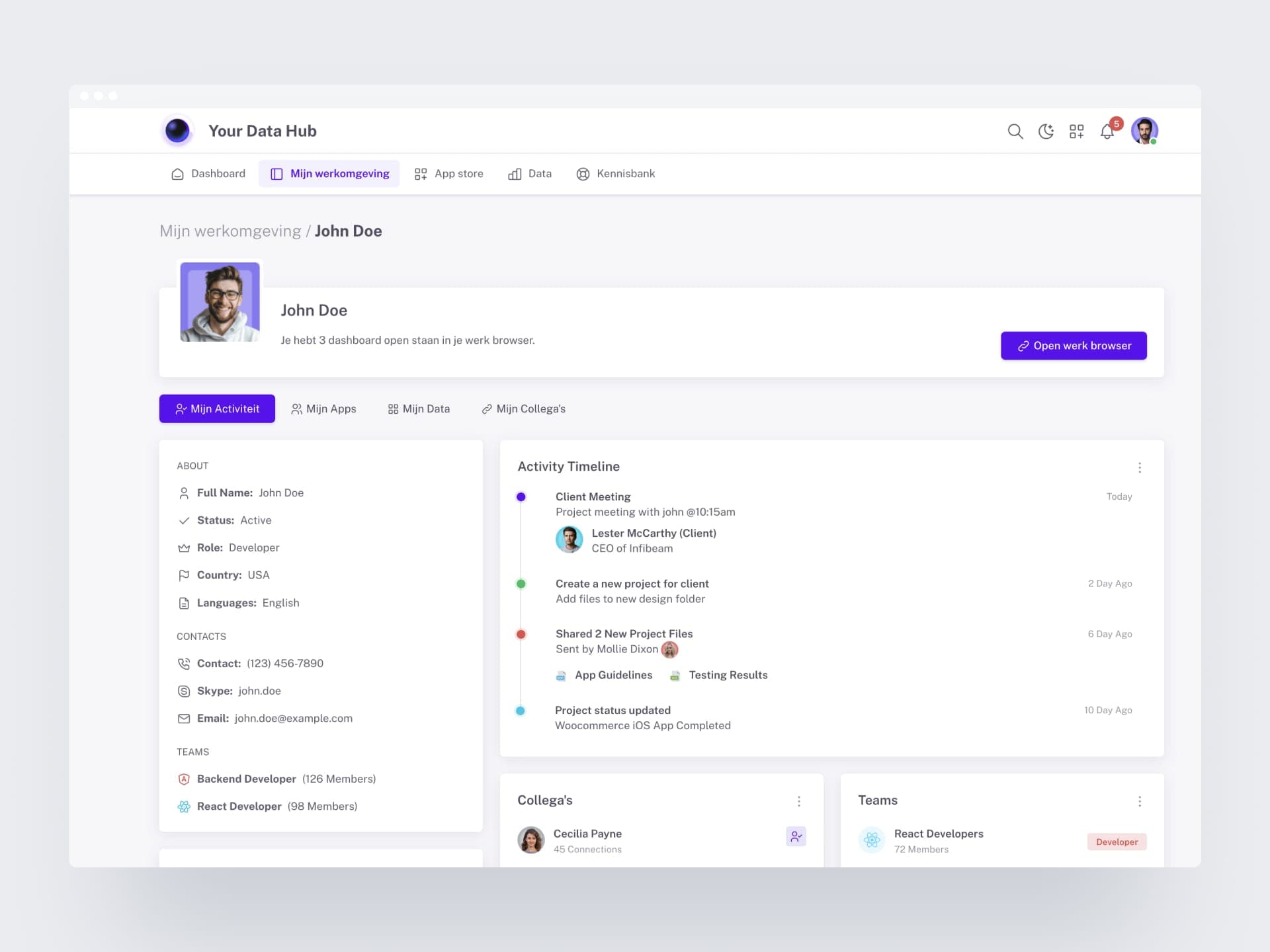 The personal workspace in the platform: profile details on the left, an activity timeline in the middle and blocks with colleagues and teams.