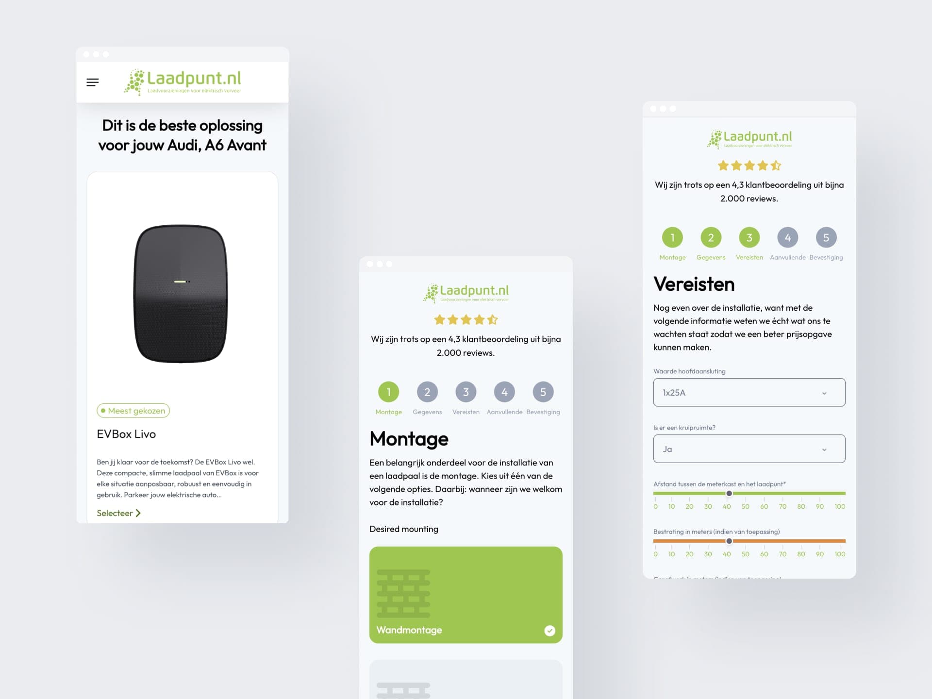 Three configurator screens: the charger recommendation for a specific car, the mounting choice and the requirements form with sliders.