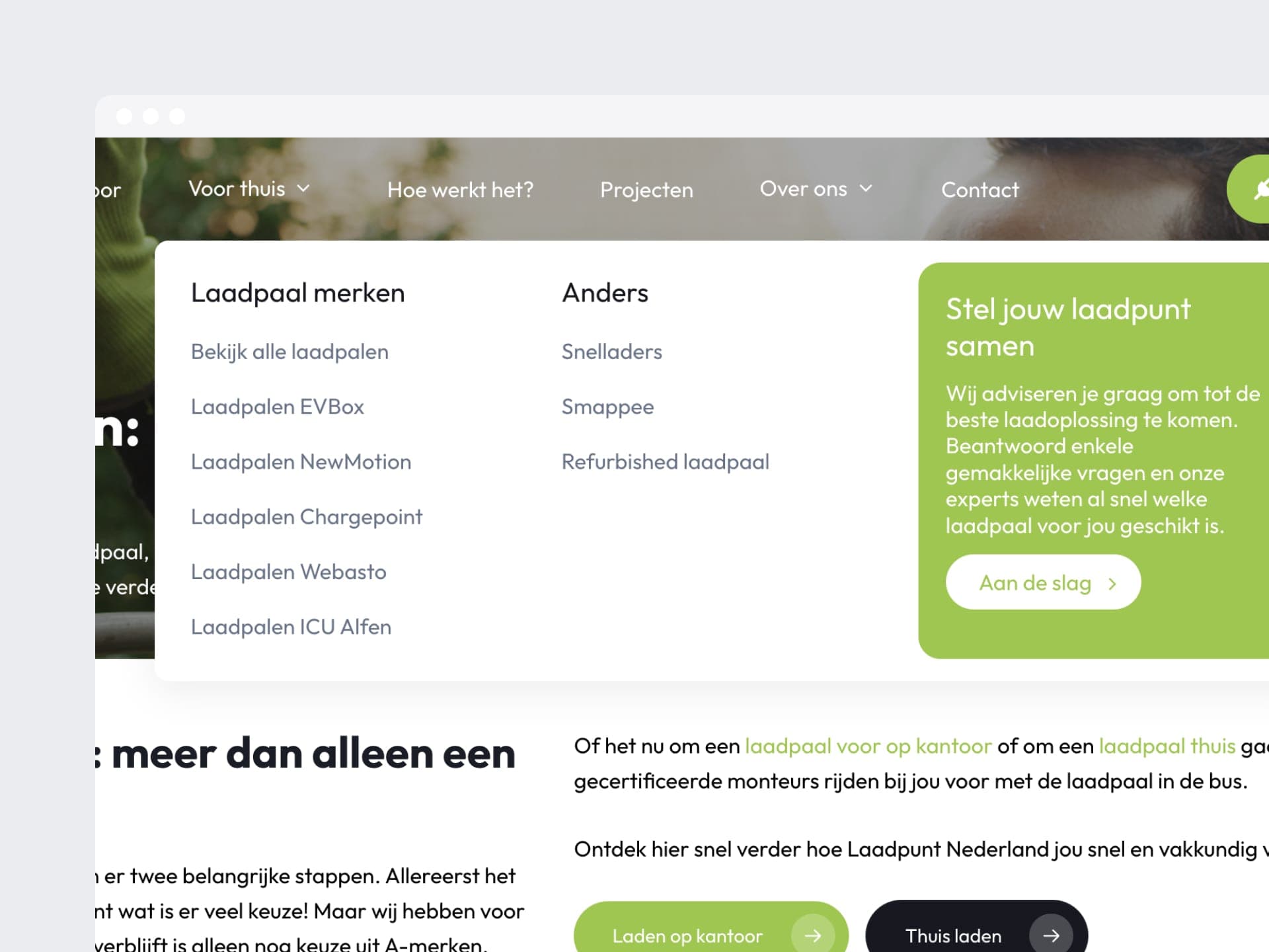 The expanded menu with charger brands and a green block inviting visitors to configure their own charging point.
