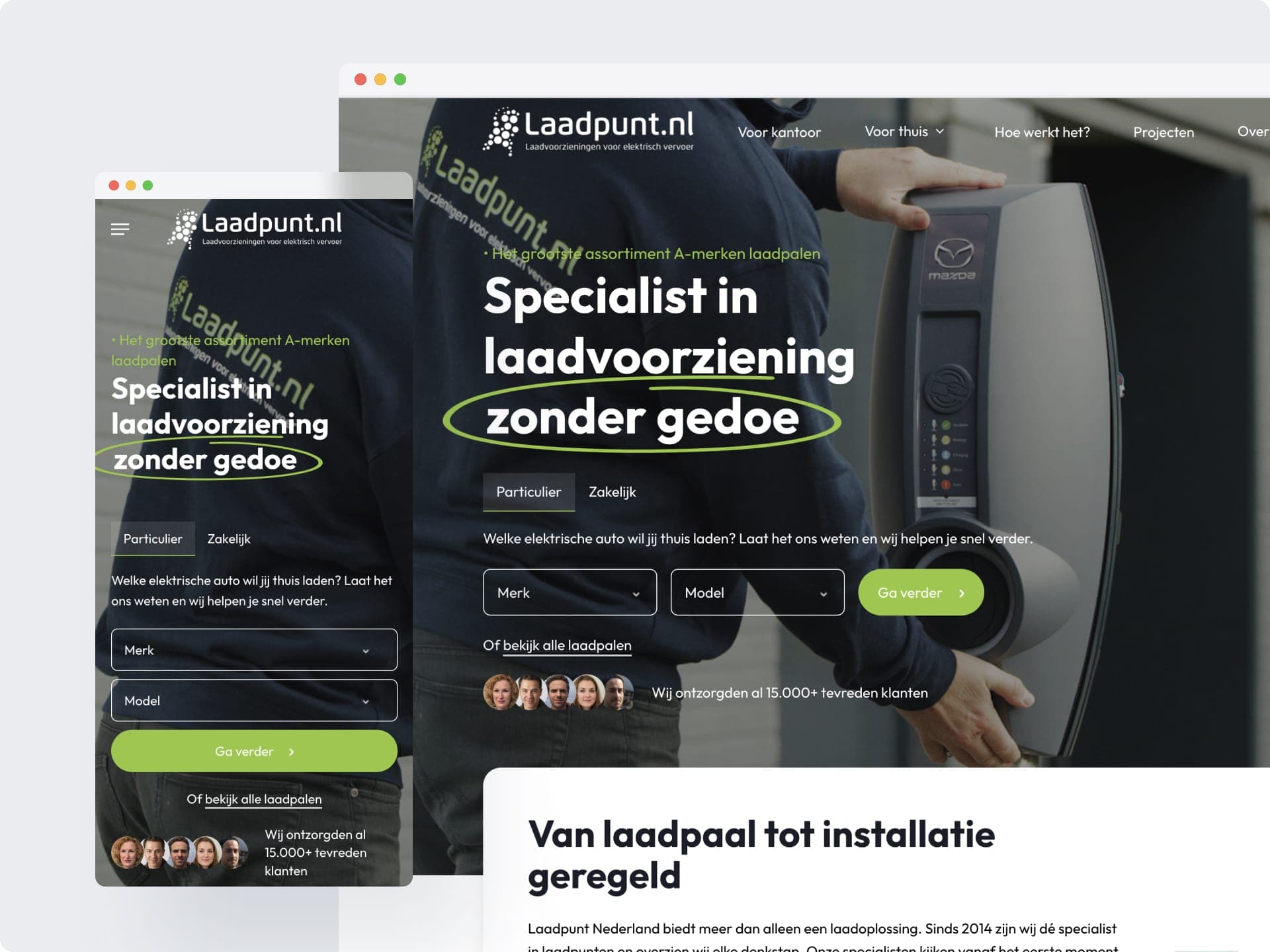 The homepage on phone and desktop: "Specialist in laadvoorziening zonder gedoe" (hassle-free charging specialist), with fields for the car's make and model.