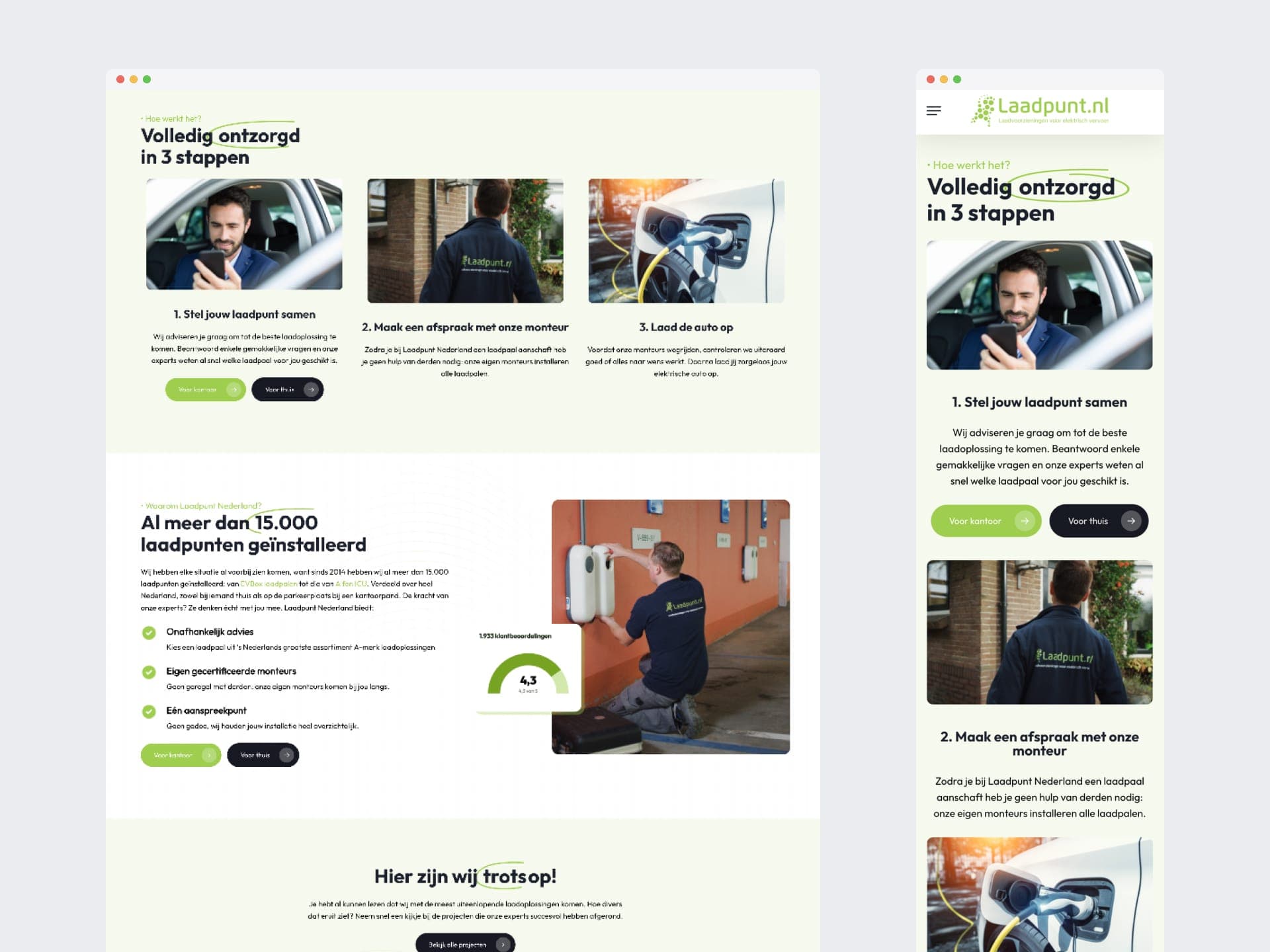 The explainer "Volledig ontzorgd in 3 stappen" (fully taken care of in 3 steps) on desktop and phone: configure your charging point, book the installer and charge your car.