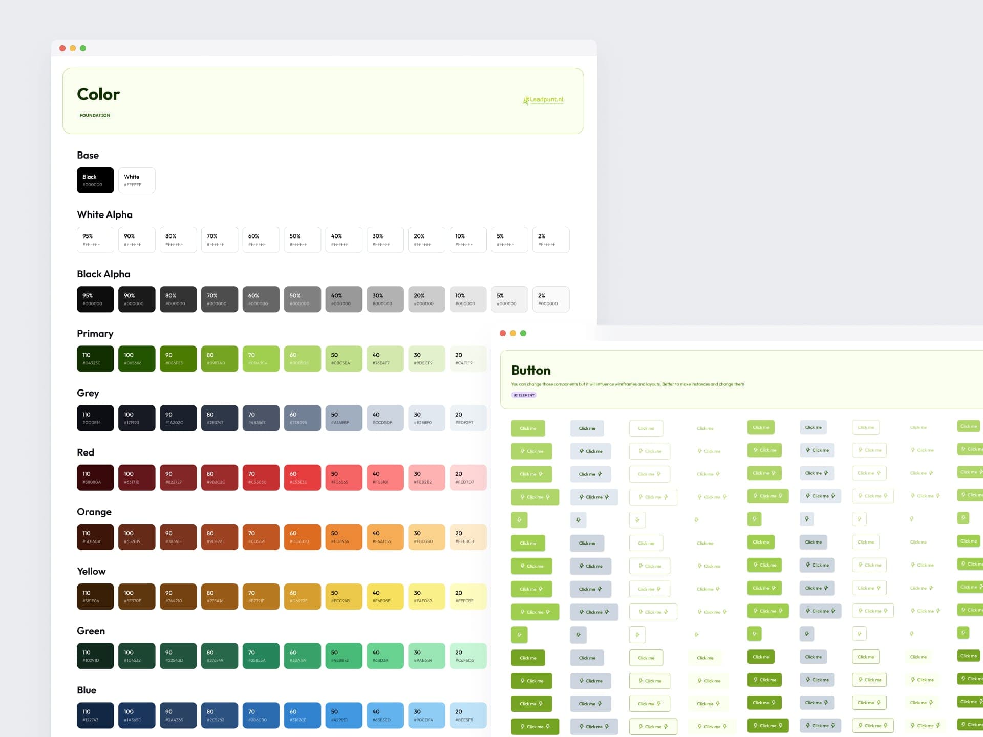 Two pages from the design system: the colour foundation with every shade and an overview of the button variants.