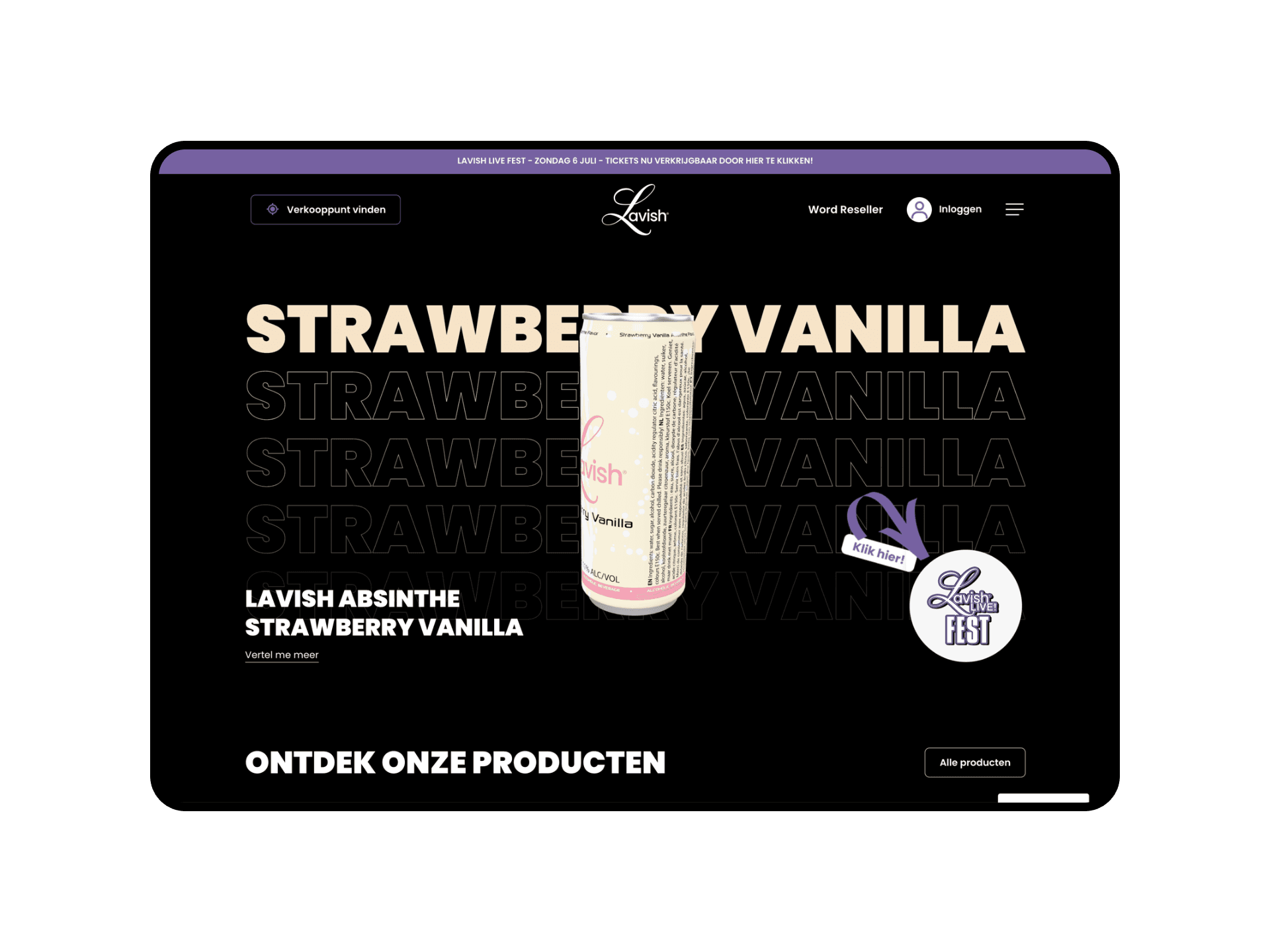 The redesigned product page for Lavish Absinthe Strawberry Vanilla: the can on a black background with the flavour name repeated as a large word pattern.