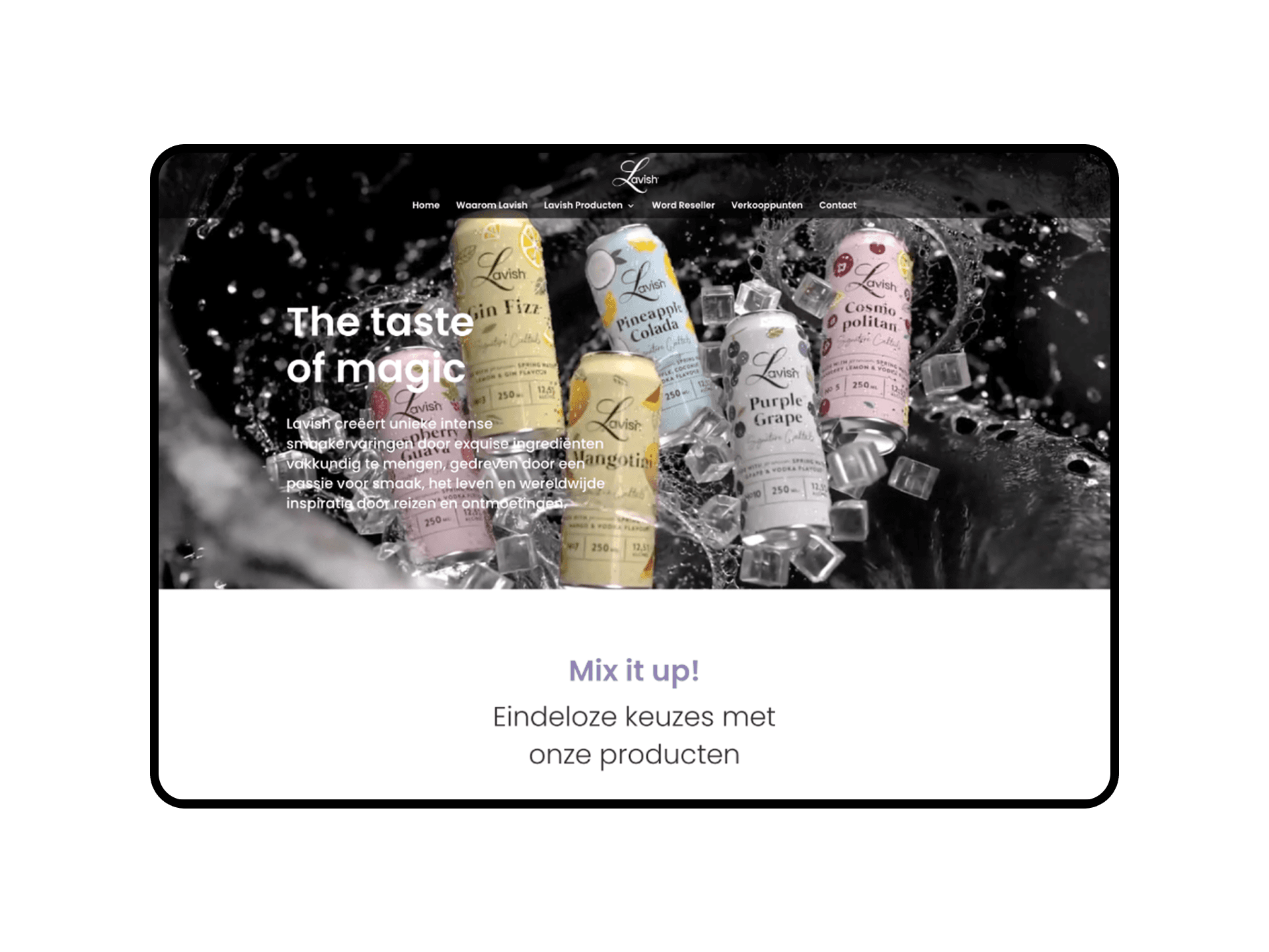 The old homepage with the heading "The taste of magic" and six cocktail cans among ice cubes and splashing water.
