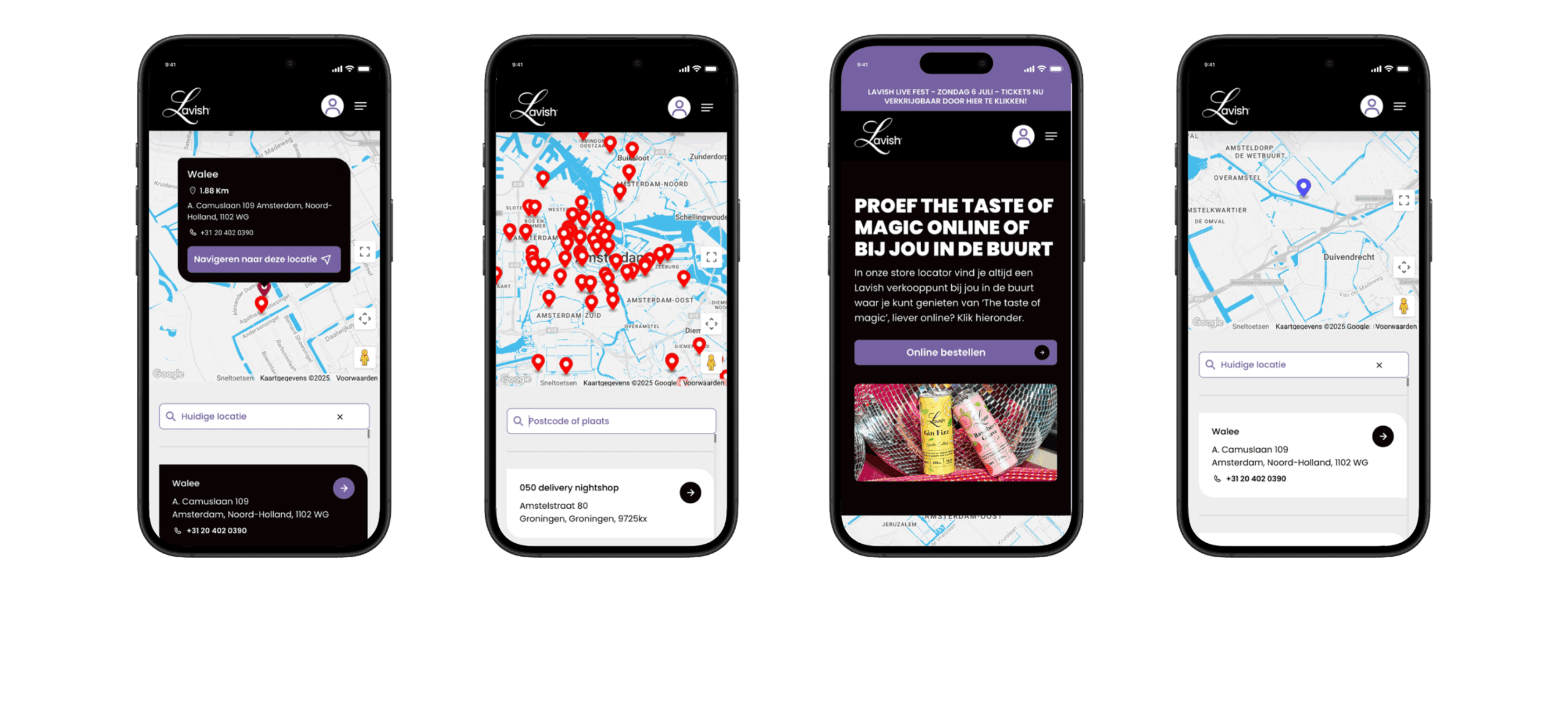 Four phone screens of the stockist finder: a map with locations in Amsterdam, the postcode search field and the details of a store that was found.