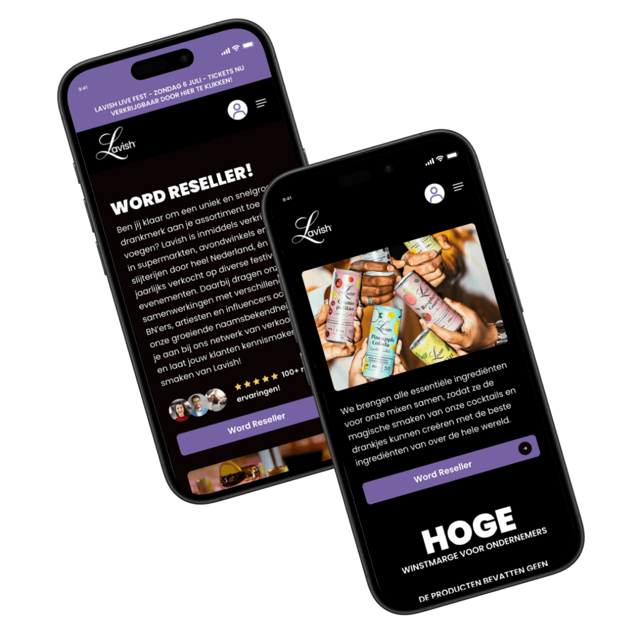 Two phone screens: the recruitment page for resellers and a product section with cans raised in a toast.