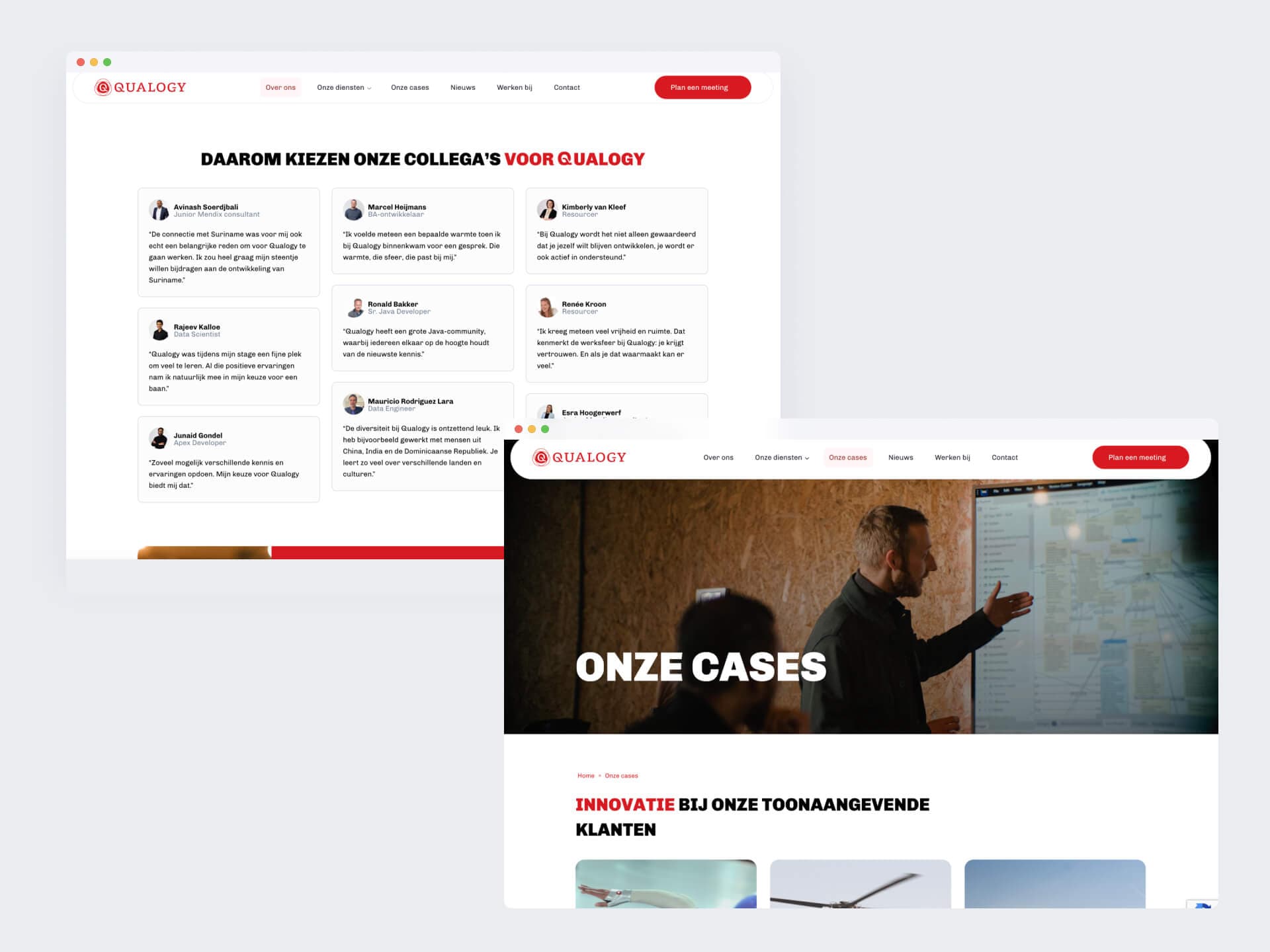 Two browser windows: the page with employee stories about working at Qualogy, and the case overview with a photo of a presentation.