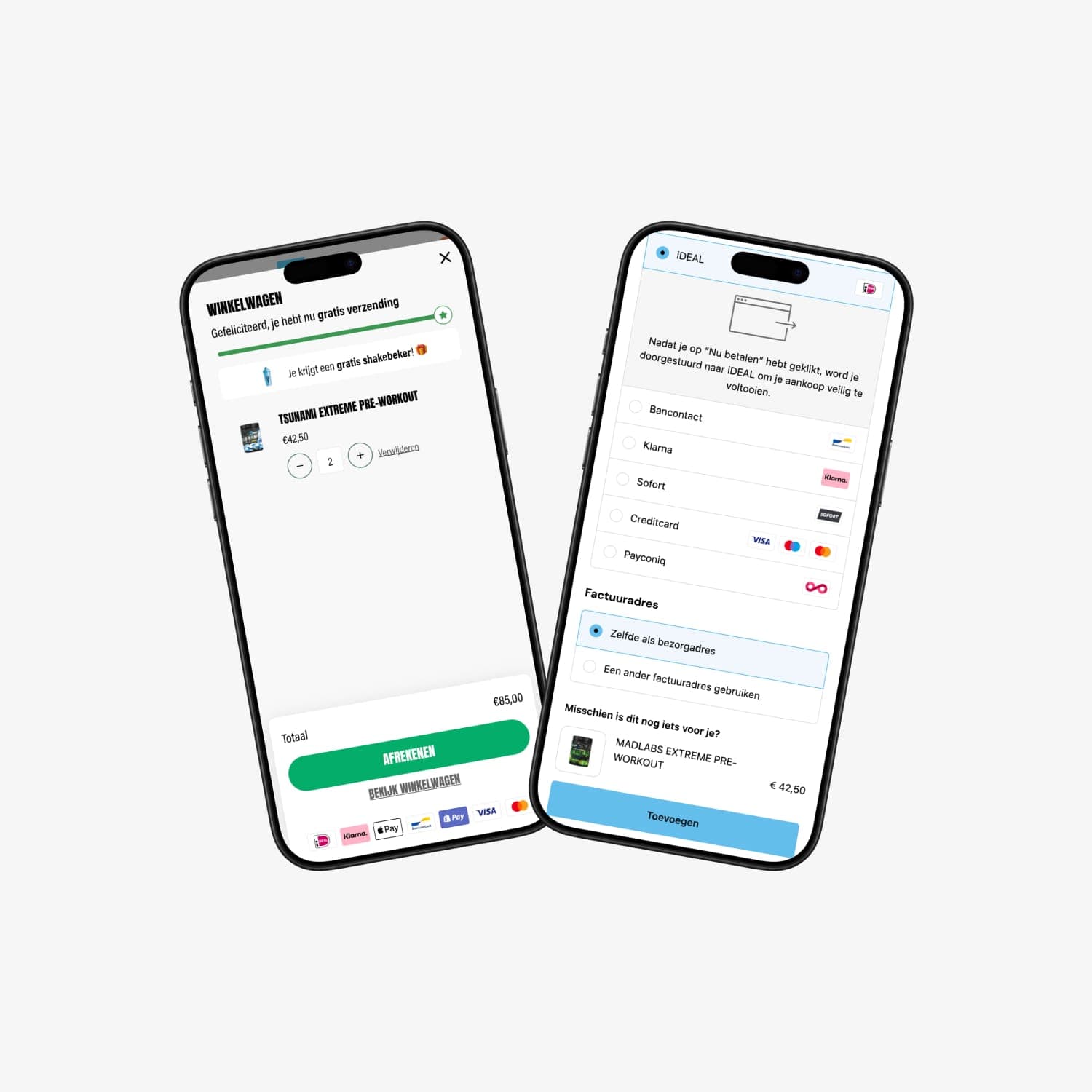 Two phone screens from the order flow: the basket with progress towards free delivery, and the payment step with iDEAL, Klarna and the other payment methods.