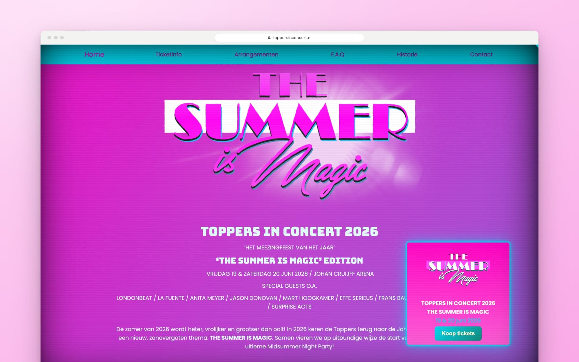 The 2026 edition on the site: 'The Summer is Magic', the dates at the Johan Cruijff ArenA and the guest artists