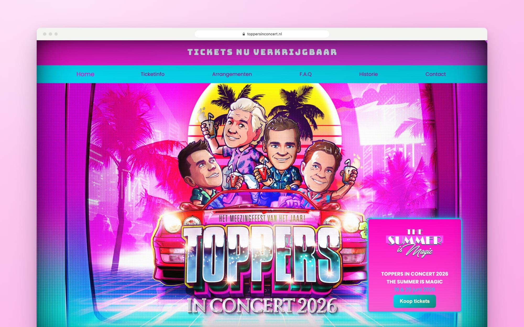 The Toppers in Concert homepage during ticket sales for 2026, with 'Tickets on sale now' at the top