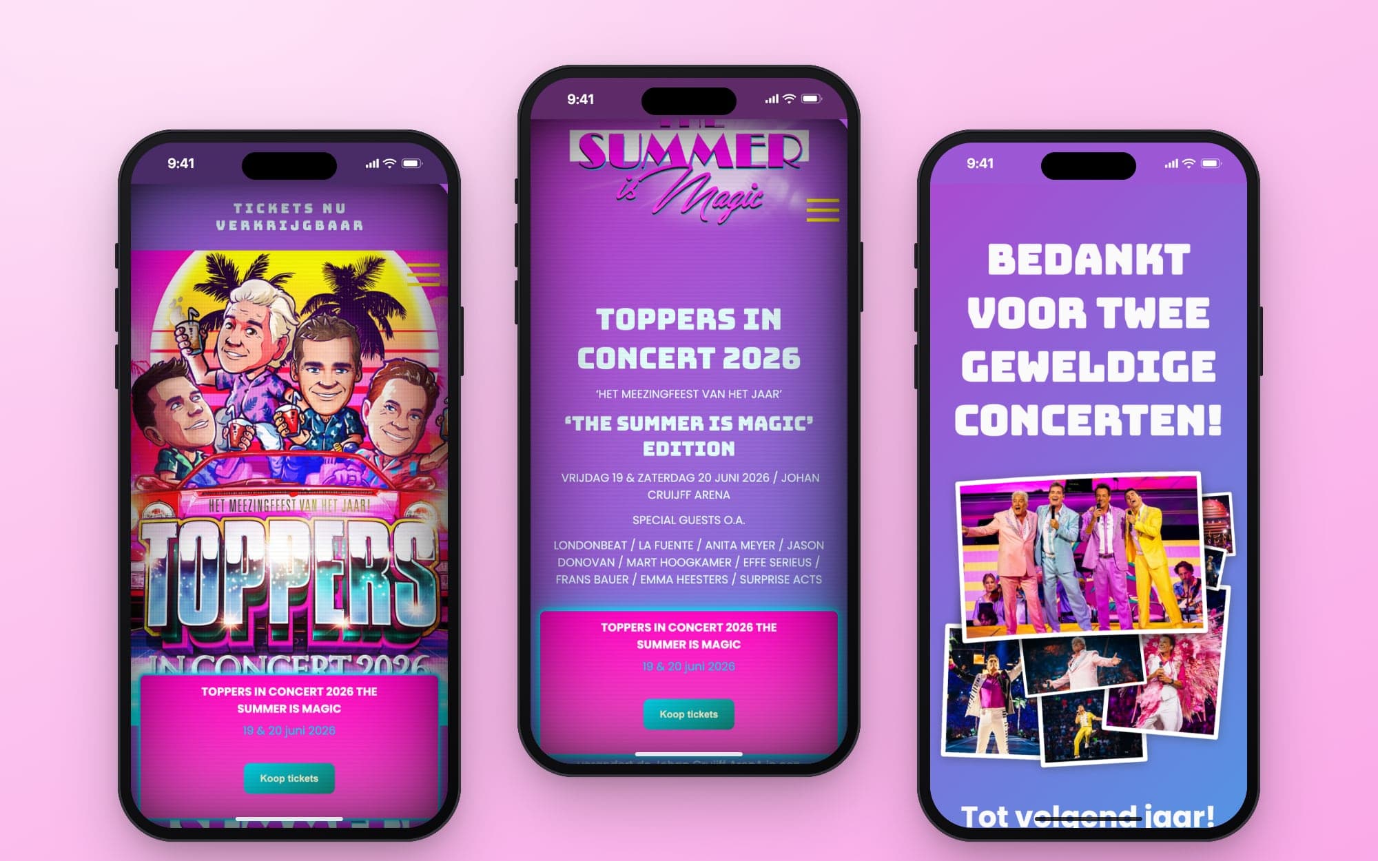 The Toppers in Concert site on a phone: ticket sales, the 2026 edition and the thank-you page after the concerts