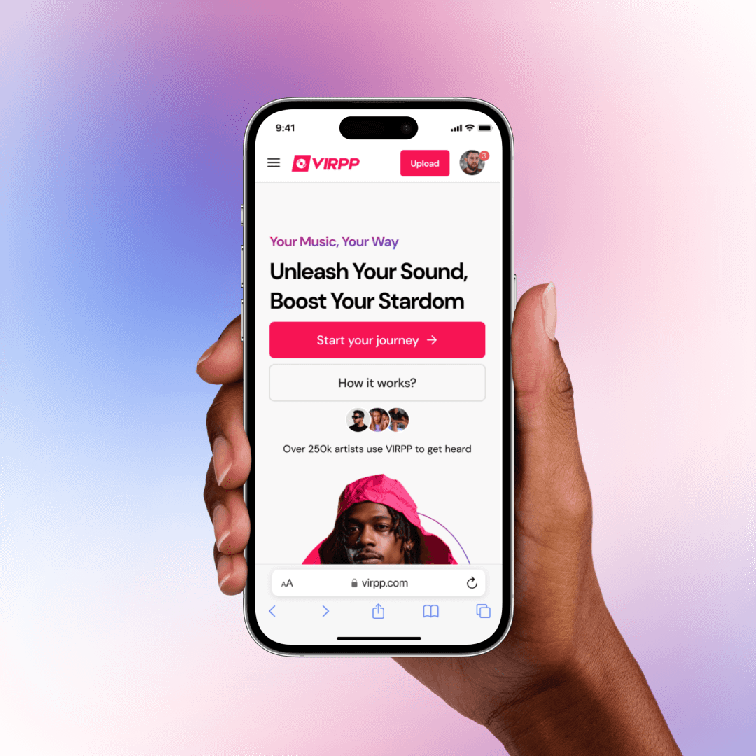 A hand holds a phone showing VIRPP's mobile site: "Unleash your sound, boost your stardom" with the Start your journey button.