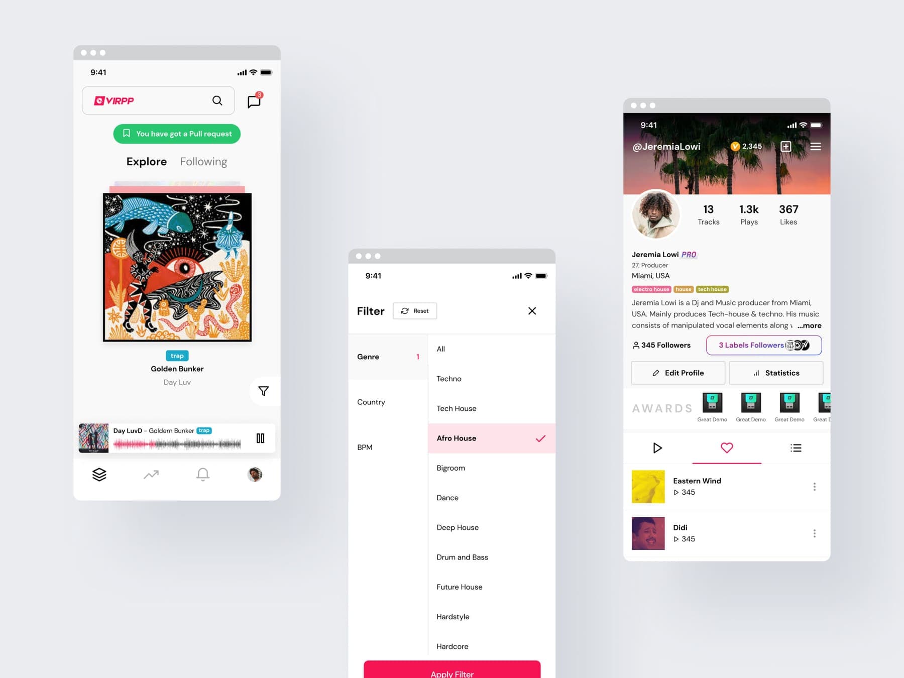 Three app screens: the discovery feed with a track and waveform player, the genre and BPM filter, and an artist profile with tracks, plays and likes.