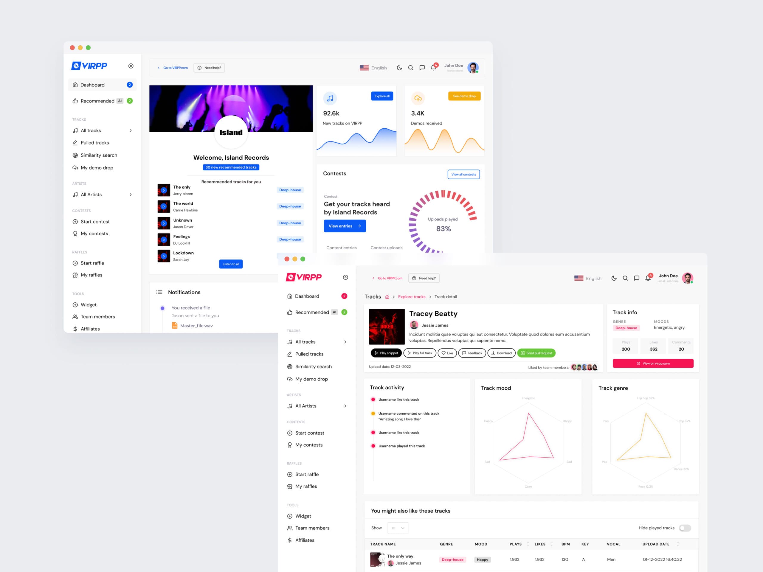 The label dashboard: on the left a sidebar with demos, contests and raffles, with recommended tracks and an Island Records contest; on the right a track detail with activity, mood and genre.