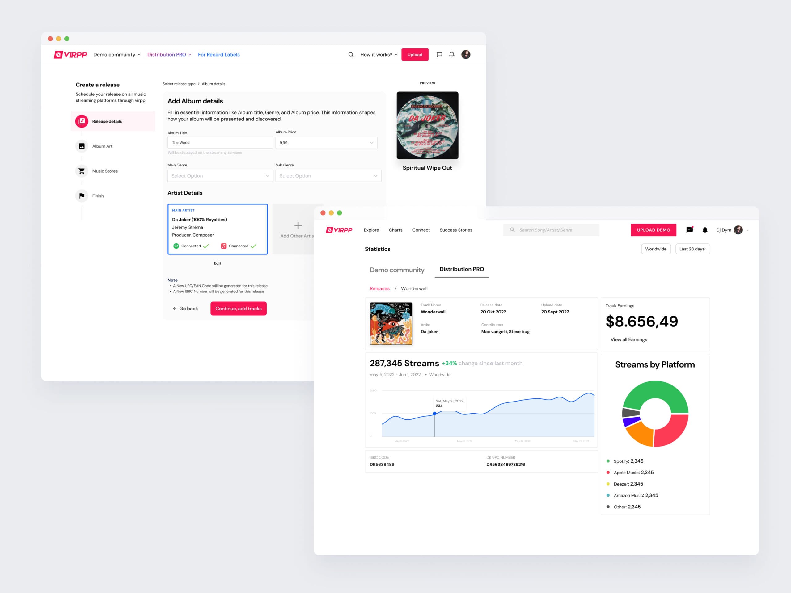 The release process in the web app: the form for album, price and artist, and the stats screen with streams, revenue and breakdown per platform.