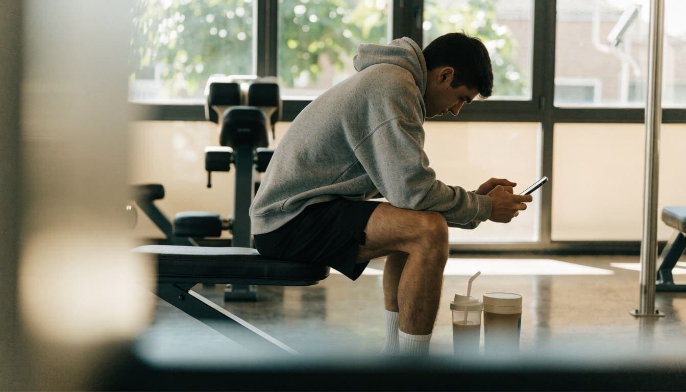 An athlete with a shaker and supplements next to the bench in the gym