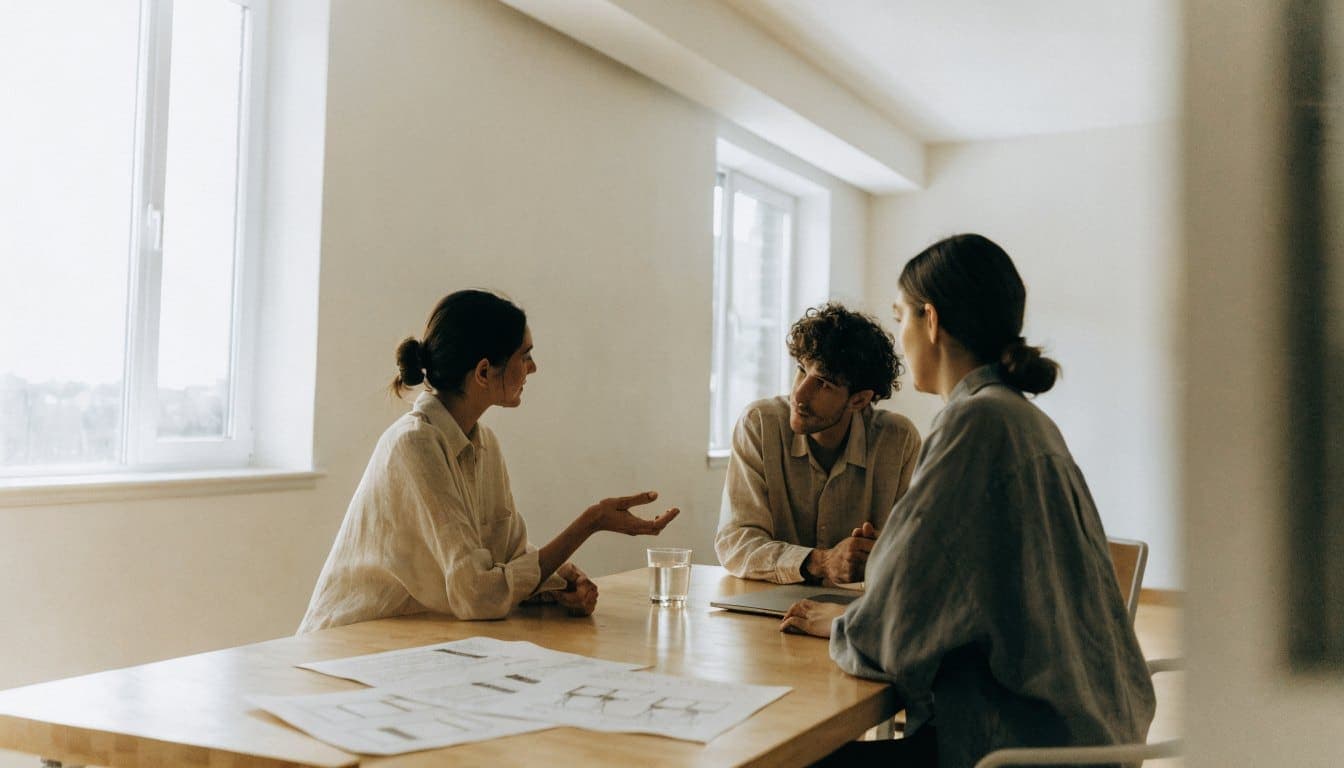 A consultant talks through their processes with two employees of an installation company