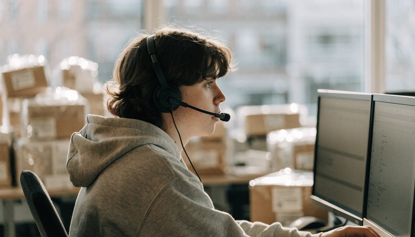 Employee with a headset at two screens in a warehouse office, where an AI agent can pre-sort email and tickets