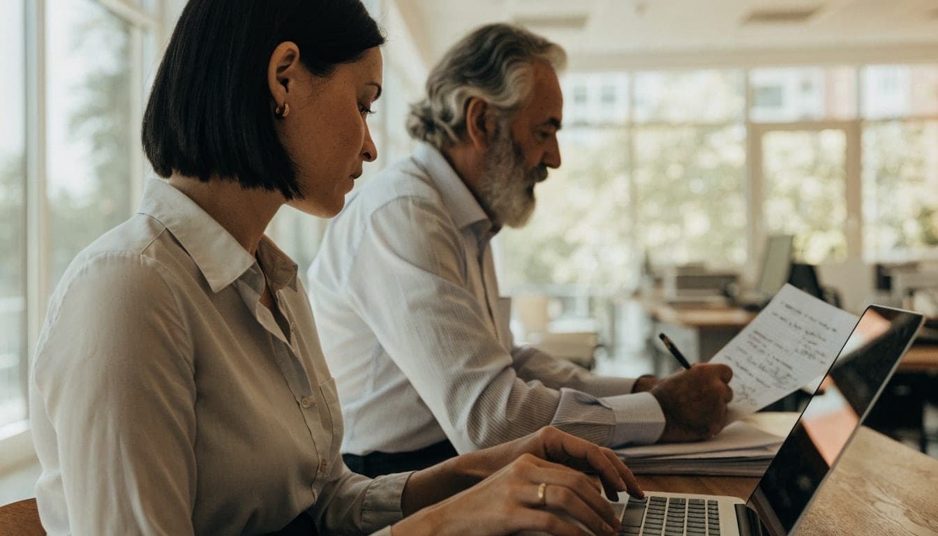 Two colleagues at a desk, one typing on a laptop, the other making notes on paper
