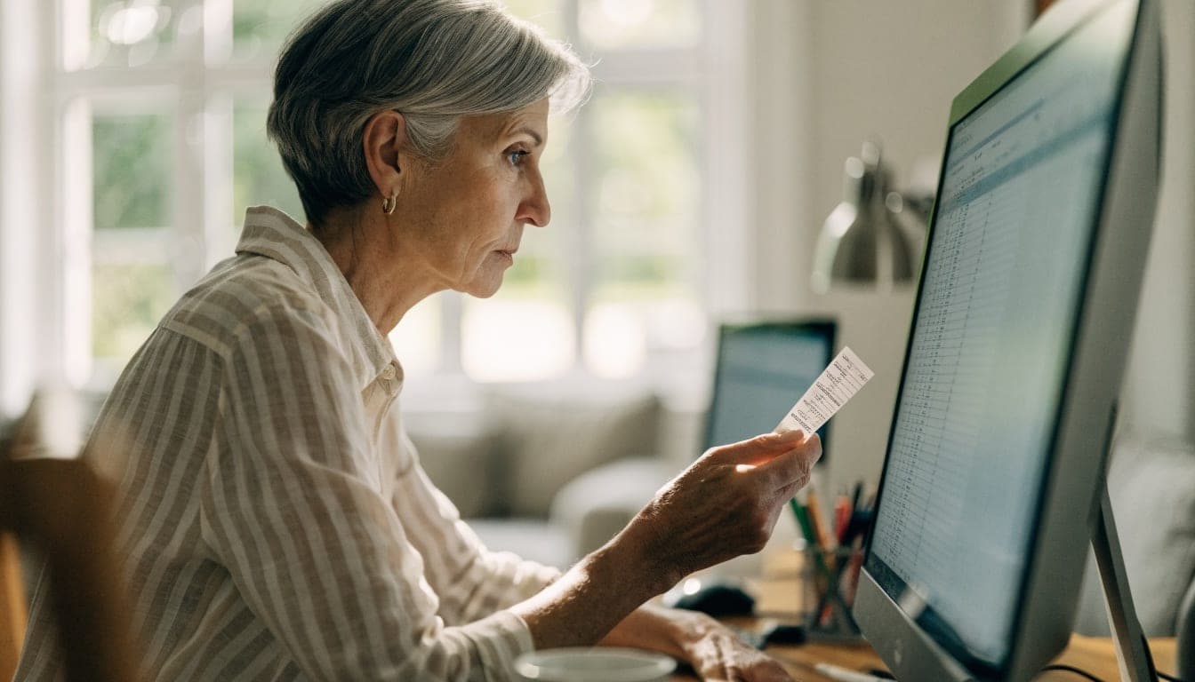 Woman comparing a receipt with an overview in her accounting software on a large screen