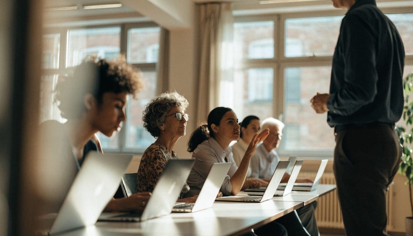 Employees with laptops follow a session on AI in an office, a trainer stands in front of the group