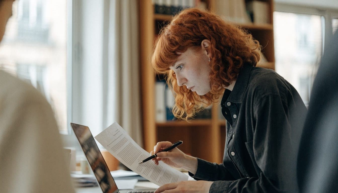 Woman checking a printed text with a pen in hand next to her laptop