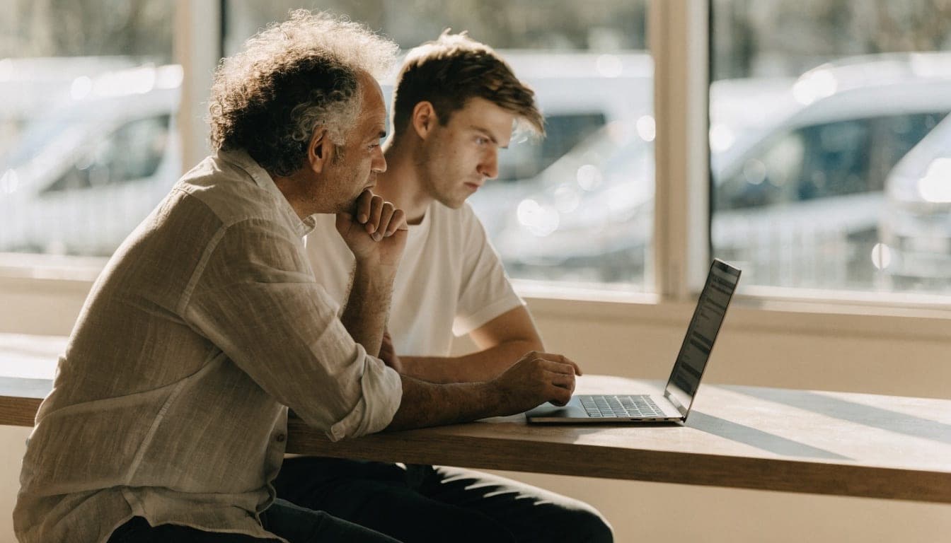 Two colleagues looking at a laptop together while choosing a first AI use case