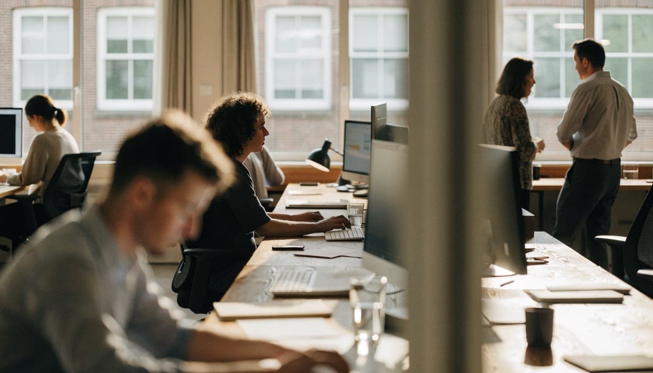 Office of a mid-sized company with staff at their desks and two colleagues talking