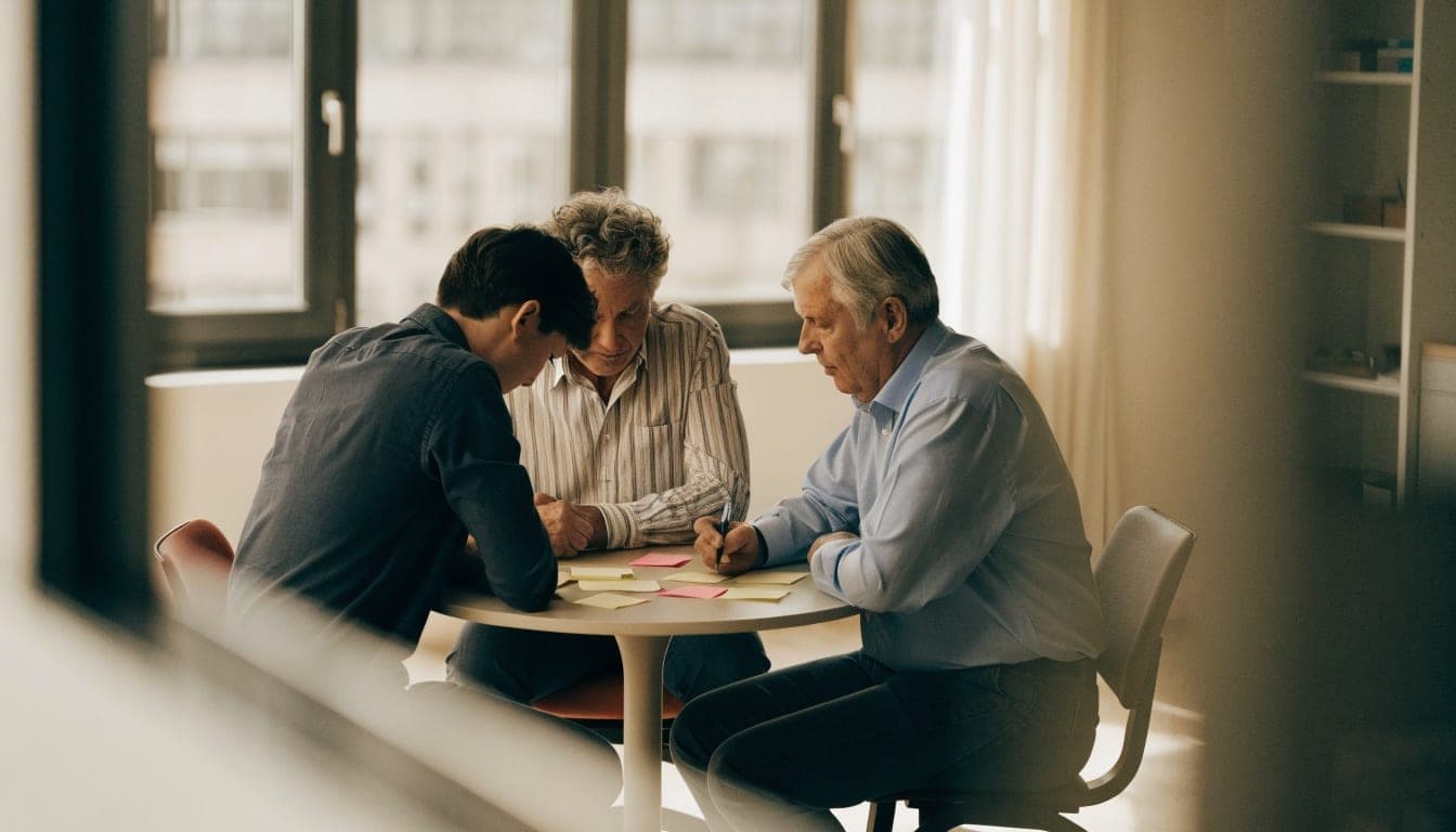 Three people at a round table sorting coloured sticky notes