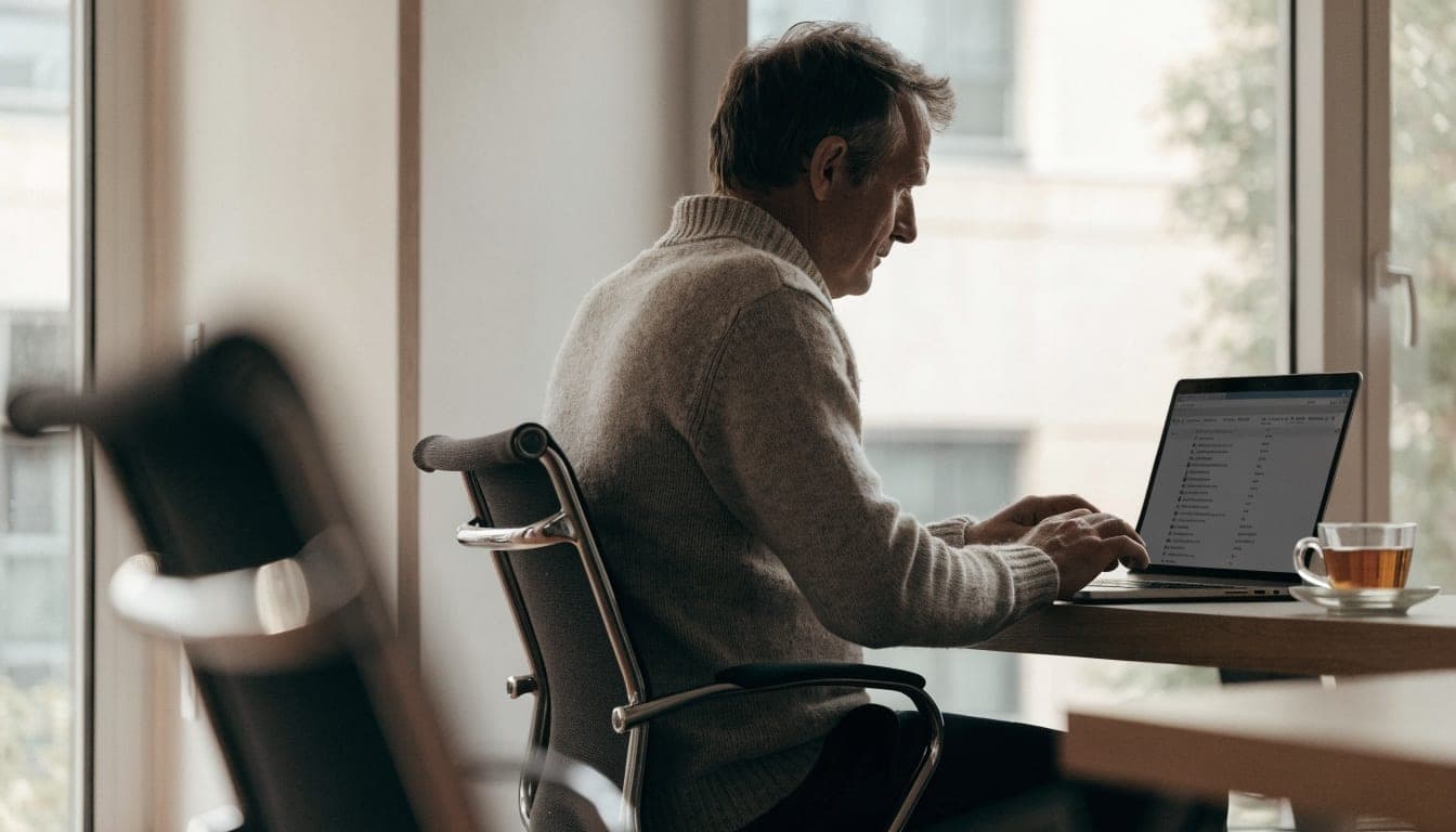 Man at a desk by the window working through his Outlook inbox on a laptop