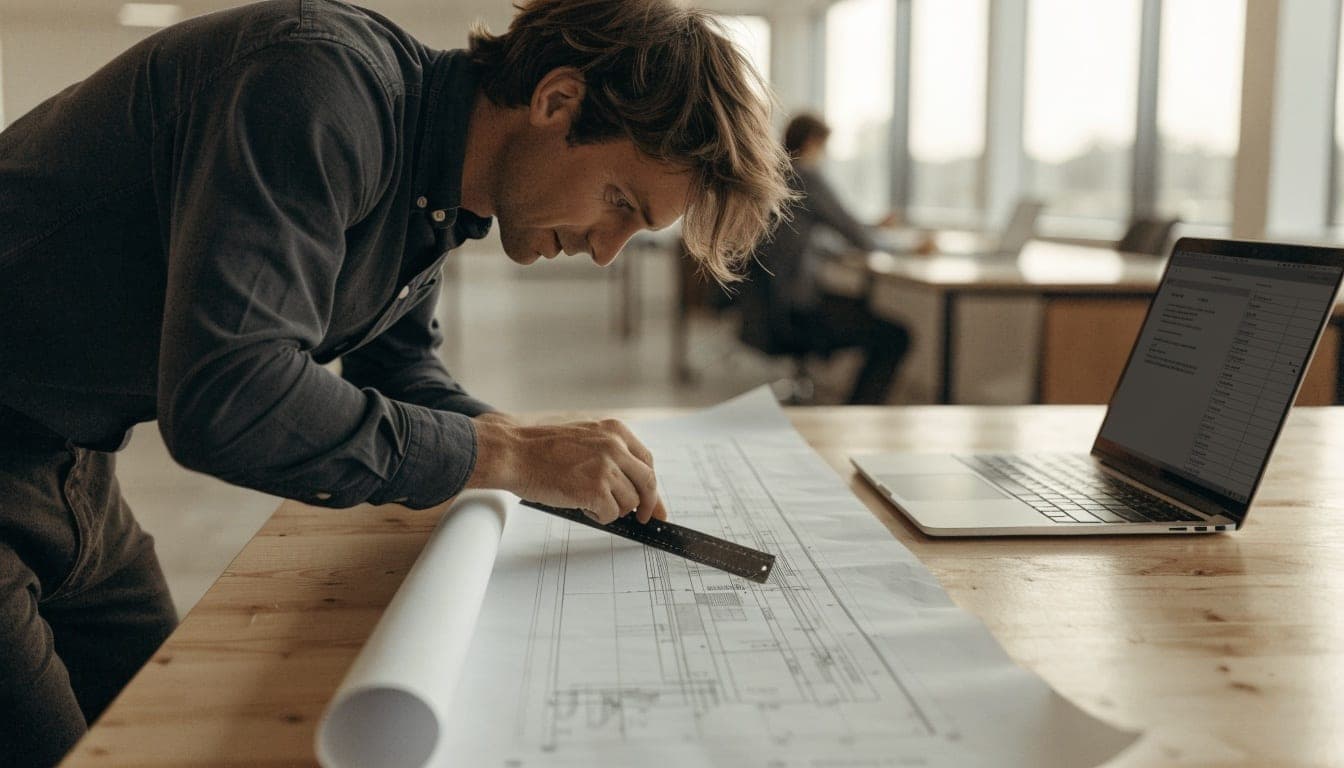 Man measuring a construction drawing next to his laptop while preparing a quote