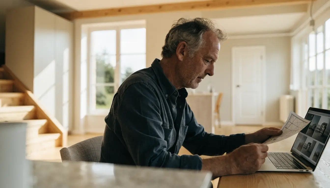 An installer reviews a drawing and photos on a laptop in a finished home