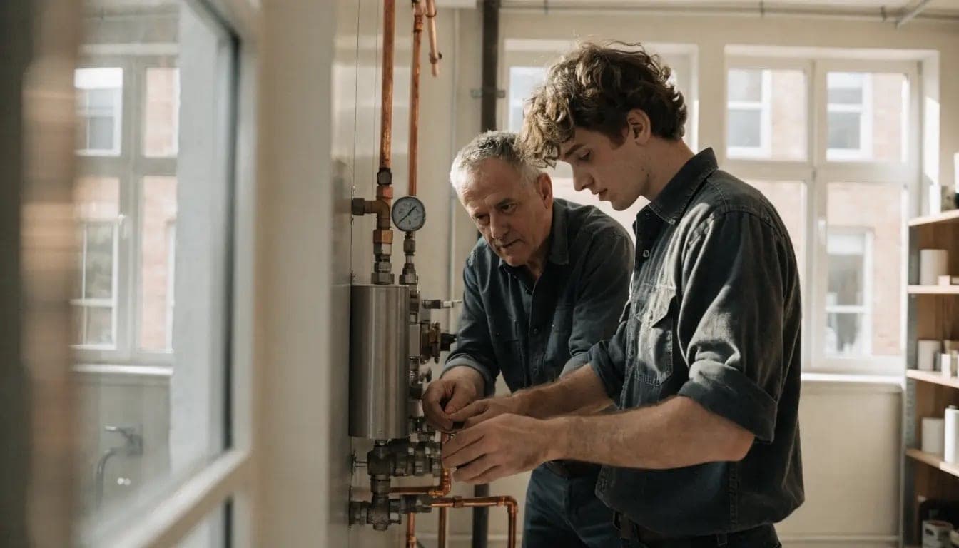 An experienced installer works with a young colleague on an installation with pipework and a pressure gauge