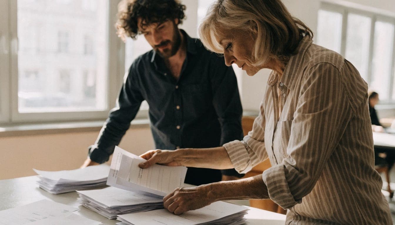 Two colleagues sorting stacks of paper documents on a desk