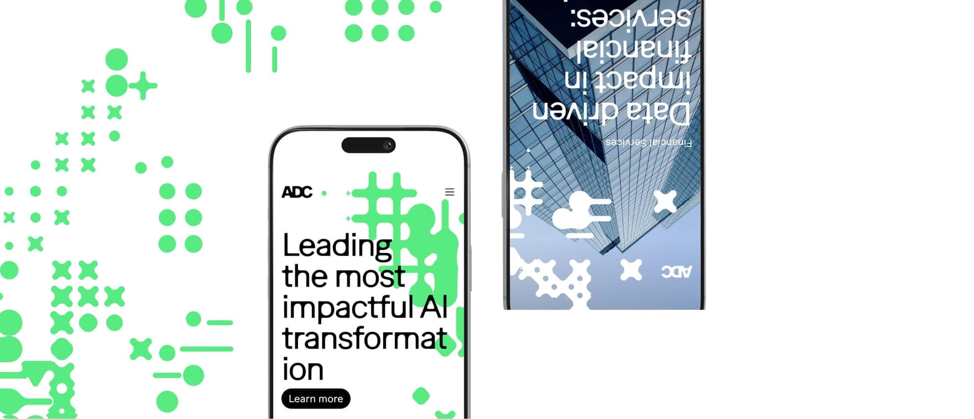ADC's mobile homepage next to an article page about financial services, framed by the green pattern from the brand identity.