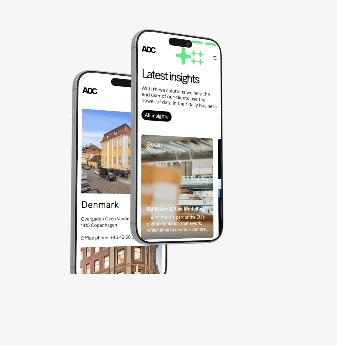 Two phone screens: the contact details of the office in Denmark and the Latest insights overview with an article about the EU AI Act.