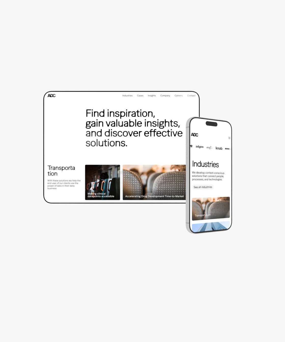 The Industries page on tablet and phone, with the heading "Find inspiration, gain valuable insights, and discover effective solutions" and cards for each sector.