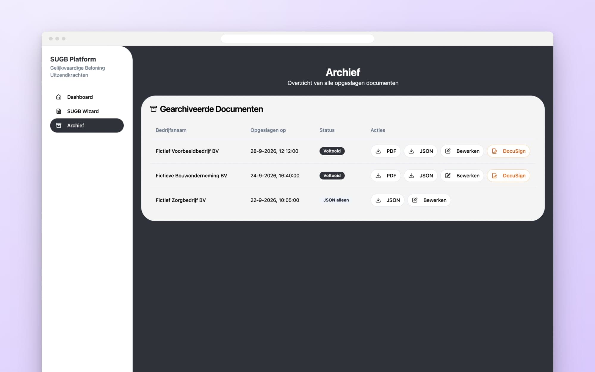 Example with fictitious data: the archive with the PDF, the answers and the button to keep editing for each company