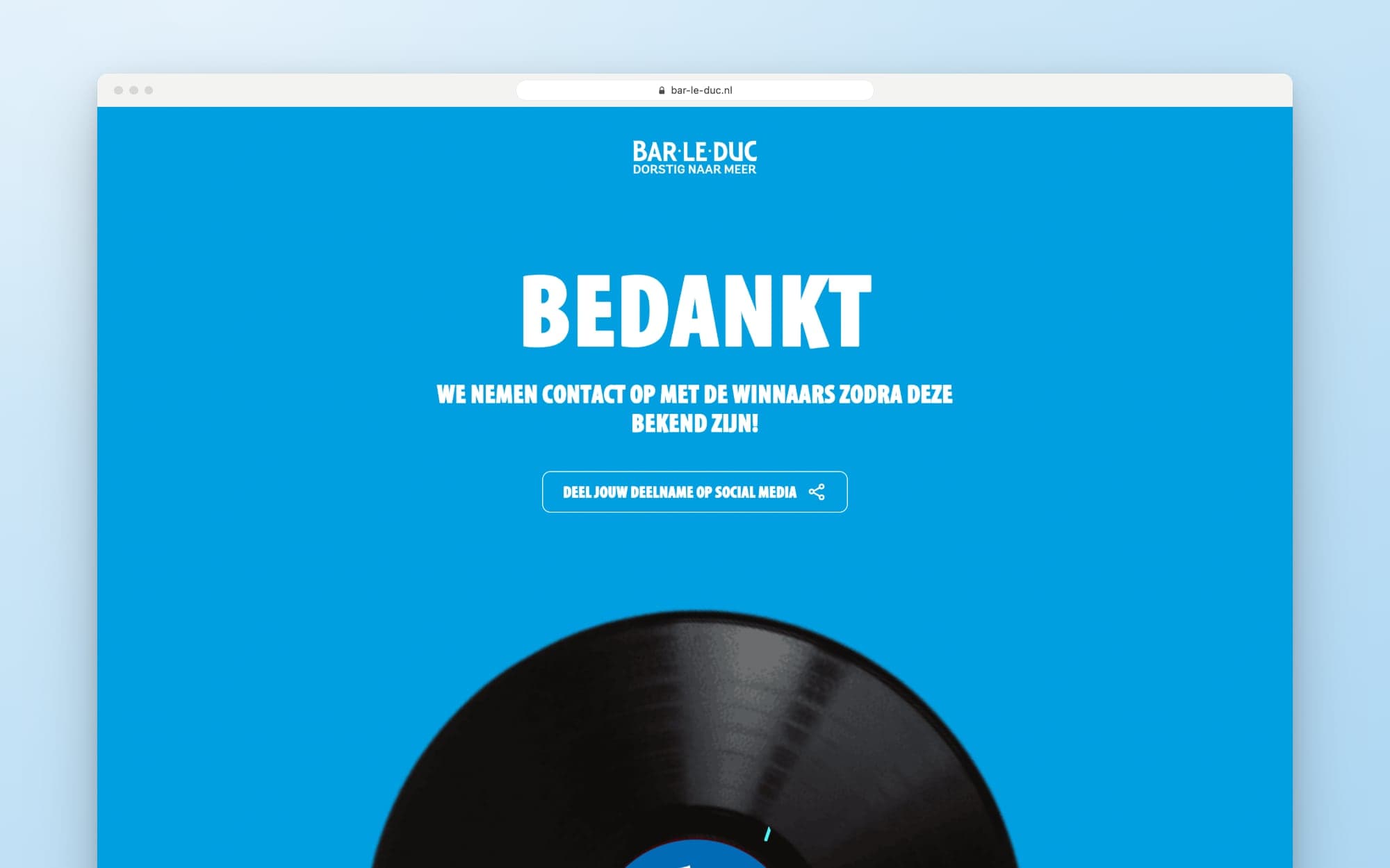The confirmation page after an entry, with a button to share it