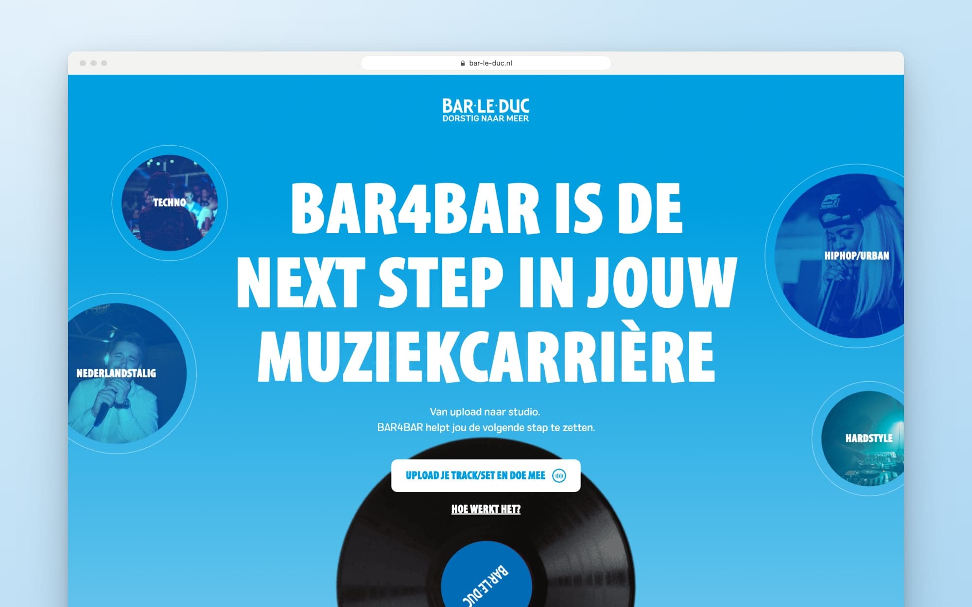 The Bar-4-Bar landing page with the genres in circles and a vinyl record